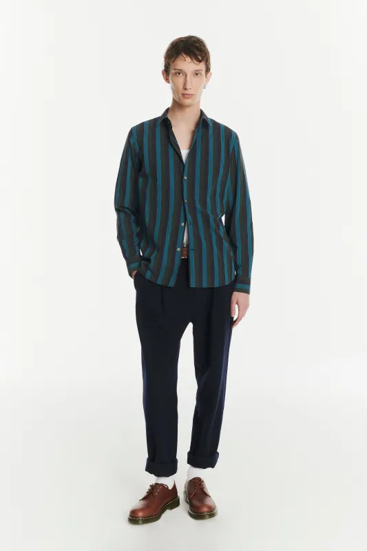 Feel Good Shirt in a Vibrant Blue, Moss Green and Midnight Blue Striped Italian Cotton sold by Delikatessen