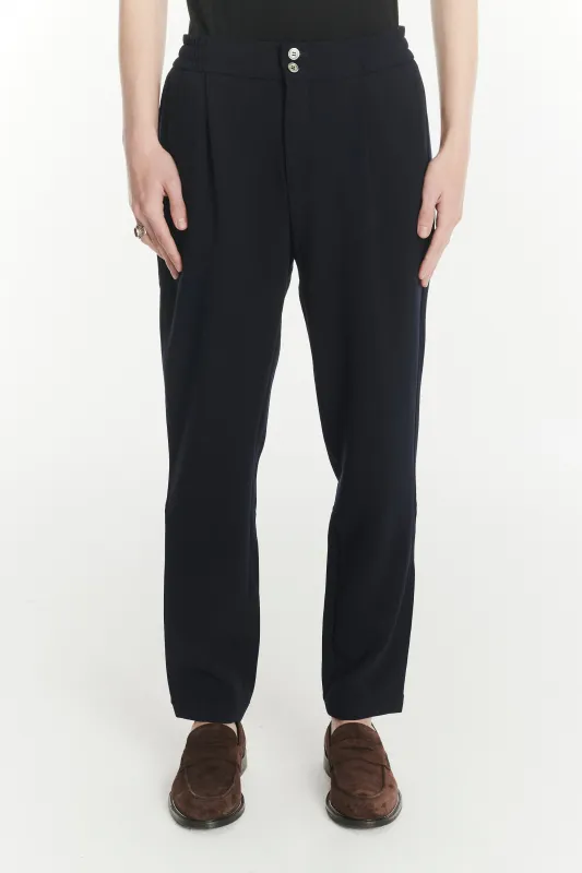 Garden Trousers in the Finest Navy Blue Easy Stretch Italian Virgin Wool sold by Delikatessen