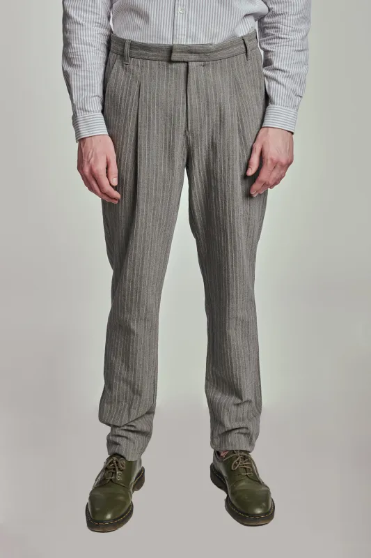 Bohemian Trousers in a Grey Herringbone and Subtle Blue Stripe Fine Italian Cotton Crepe sold by Delikatessen