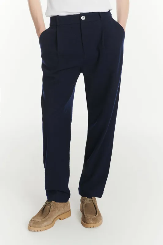 Genuine Trousers in a Navy Blue Italian Virgin Wool and Cotton Seersucker sold by Delikatessen