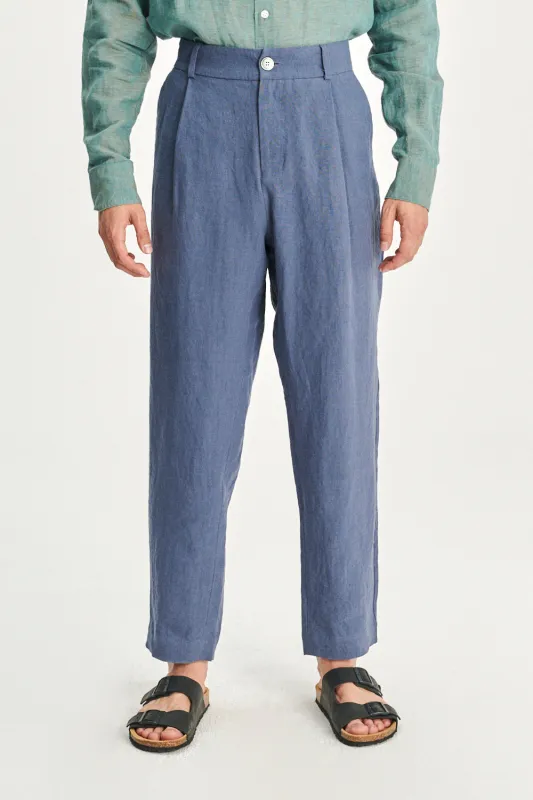 Genuine Trousers in a Police Blue Fine Sustainable Belgian Linen made by Delikatessen