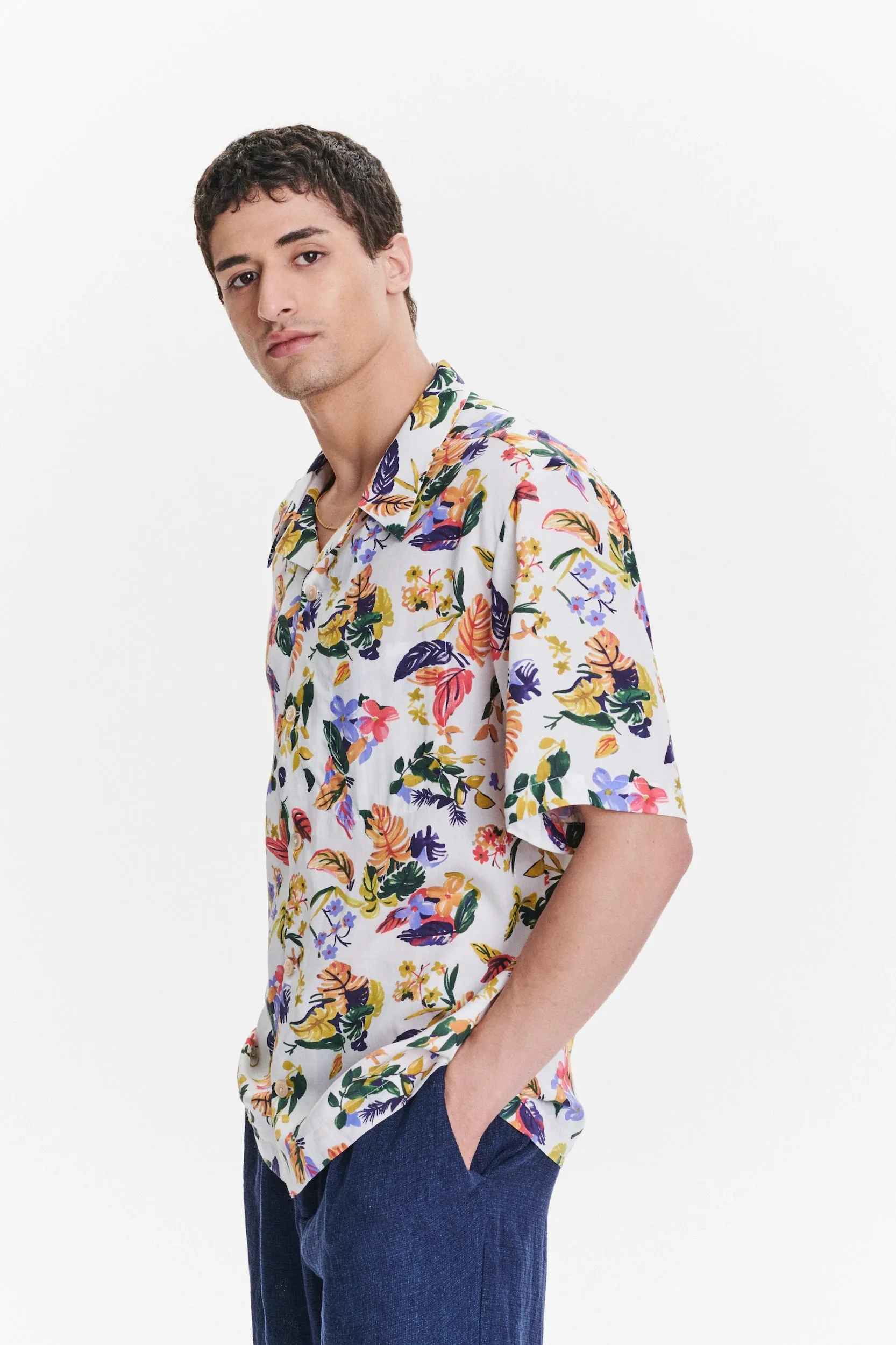 Short Sleeve Cuban Collar Shirt in a Green, Yellow, Blue and Pink Flower Natural Italian Lyocell sold by Delikatessen product image thumbnail 5