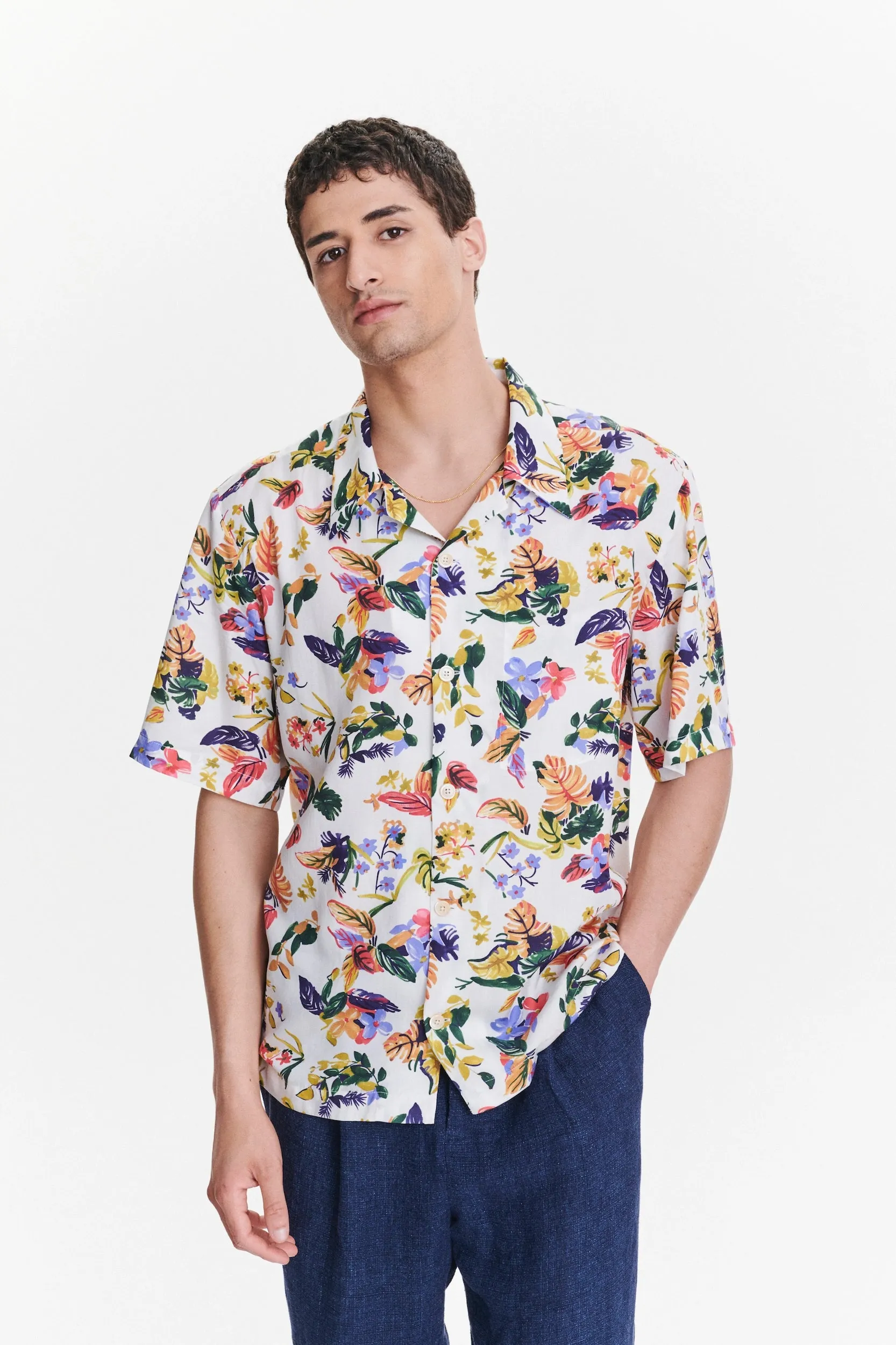 Short Sleeve Cuban Collar Shirt in a Green, Yellow, Blue and Pink Flower Natural Italian Lyocell sold by Delikatessen product image thumbnail 2