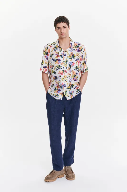 Short Sleeve Cuban Collar Shirt in a Green, Yellow, Blue and Pink Flower Natural Italian Lyocell sold by Delikatessen