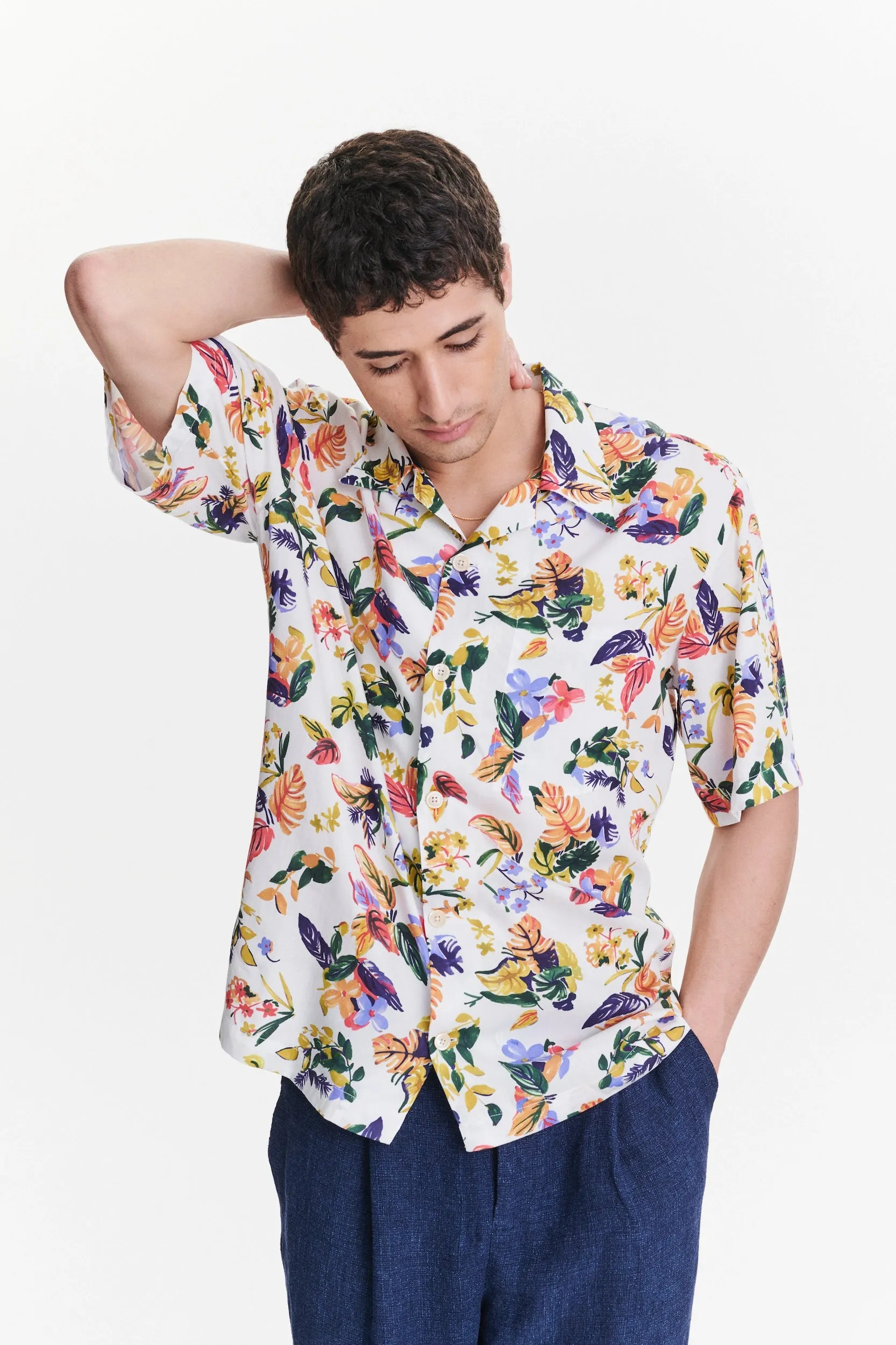 Short Sleeve Cuban Collar Shirt in a Green, Yellow, Blue and Pink Flower Natural Italian Lyocell sold by Delikatessen product image thumbnail 3