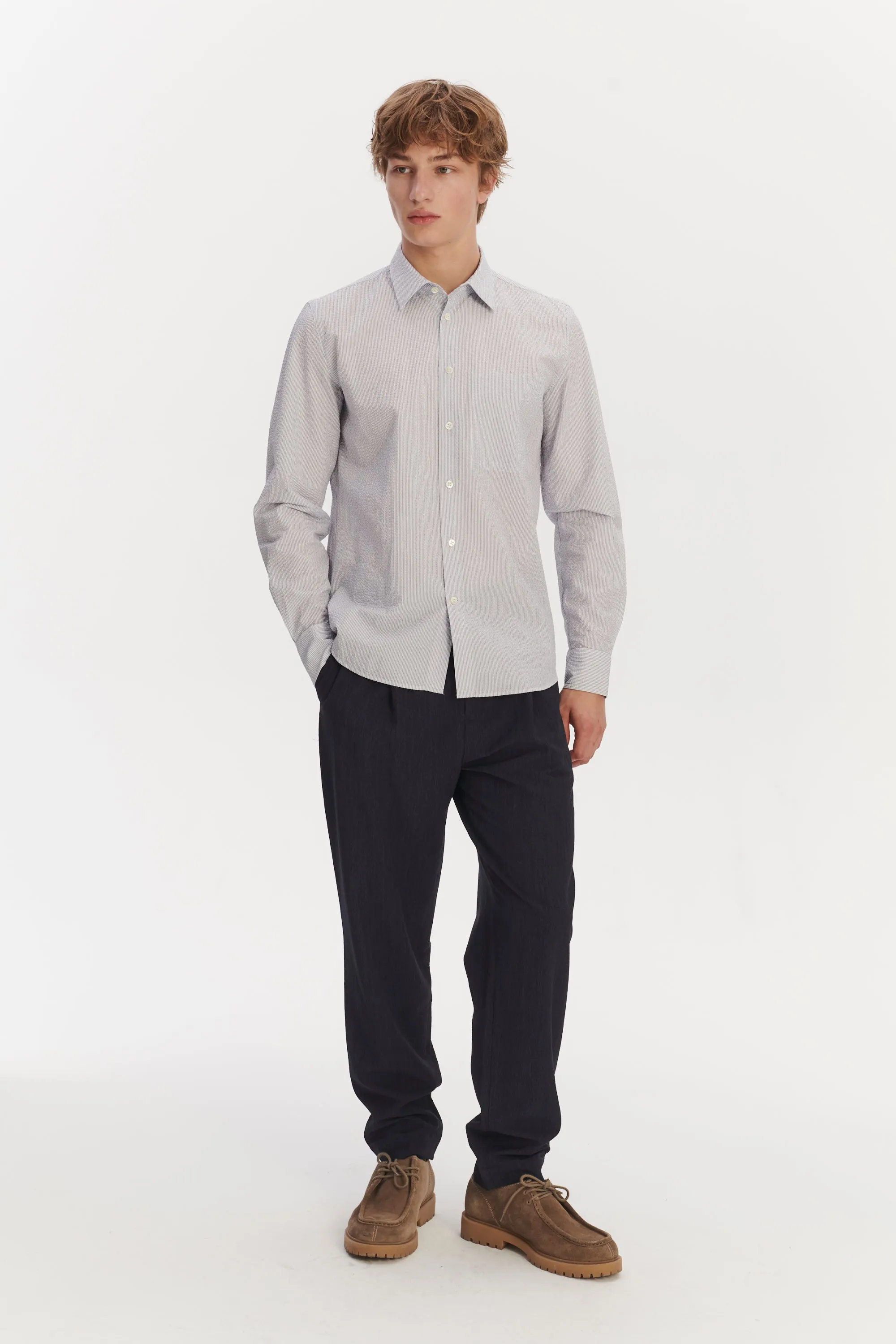 Feel Good Shirt in the Finest Italian Subtle Blue and White Cotton Seersucker by Albini sold by Delikatessen product image thumbnail 4