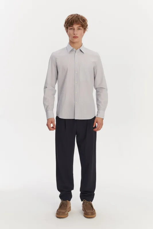 Feel Good Shirt in the Finest Italian Subtle Blue and White Cotton Seersucker by Albini made by Delikatessen