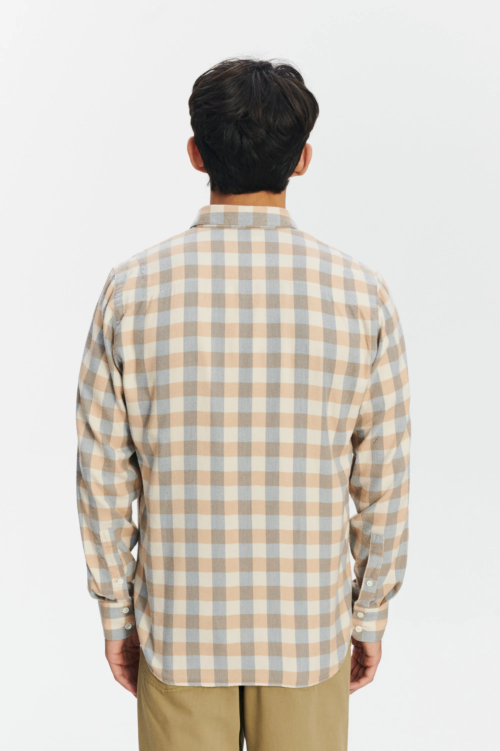 Feel Good Shirt in a Beige, Brown and Blue Grey Chequered Soft Italian Lyocell Organic Cotton Flannel sold by Delikatessen product image thumbnail 5
