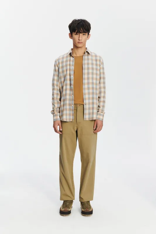 Feel Good Shirt in a Beige, Brown and Blue Grey Chequered Soft  Italian Lyocell Organic Cotton Flannel sold by Delikatessen