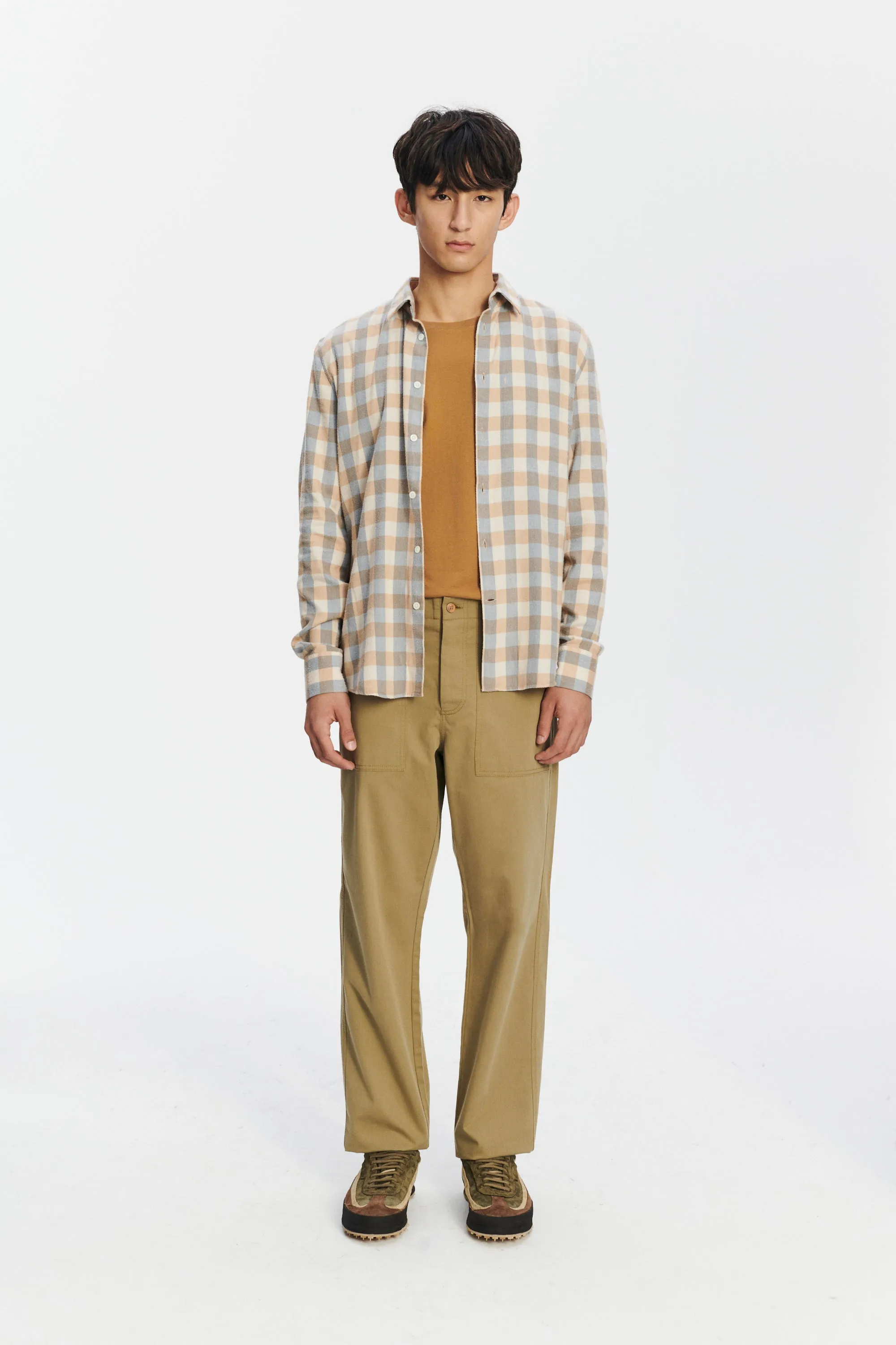 Feel Good Shirt in a Beige, Brown and Blue Grey Chequered Soft Italian Lyocell Organic Cotton Flannel sold by Delikatessen