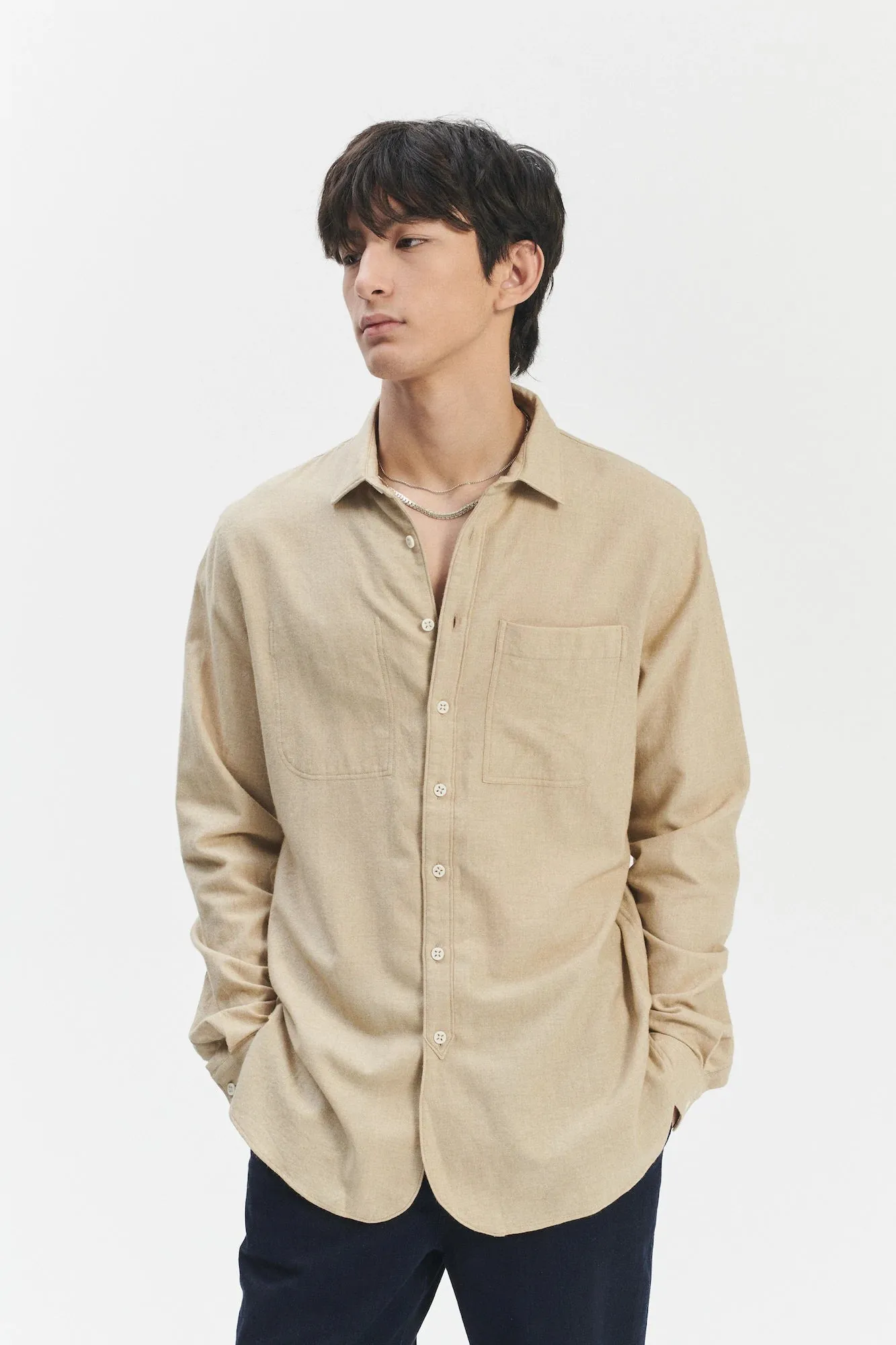Farmer Shirt in a Cream Beige Fine Mix of Italian Cotton and Virgin Wool sold by Delikatessen product image thumbnail 3