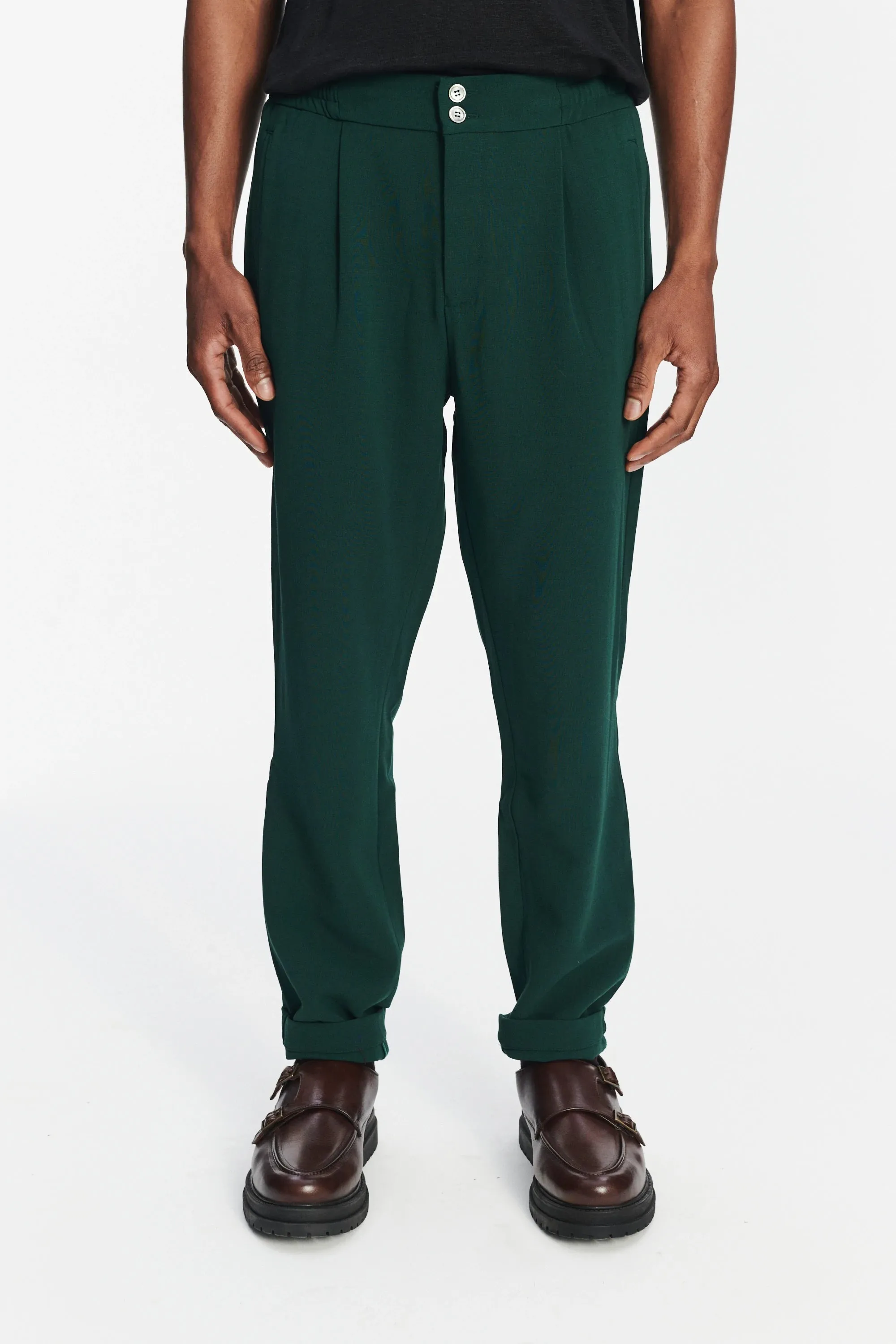 Garden Trousers in the Finest Dark Green Italian Double Virgin Wool by Giuseppe Botto sold by Delikatessen