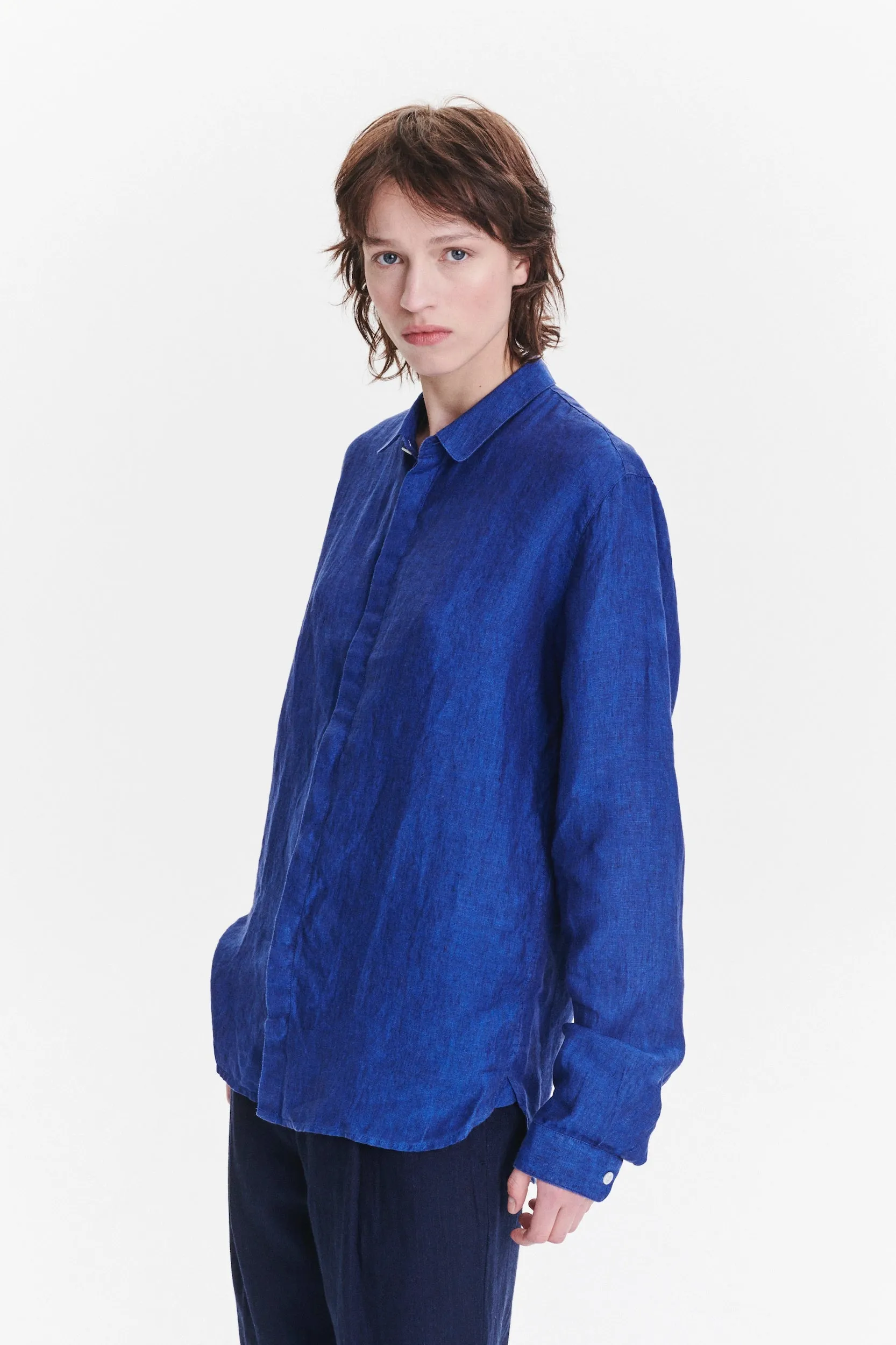 Cute Round Collar Shirt in a Soft and Airy Cobalt Blue Bohemian Linen sold by Delikatessen product image thumbnail 3