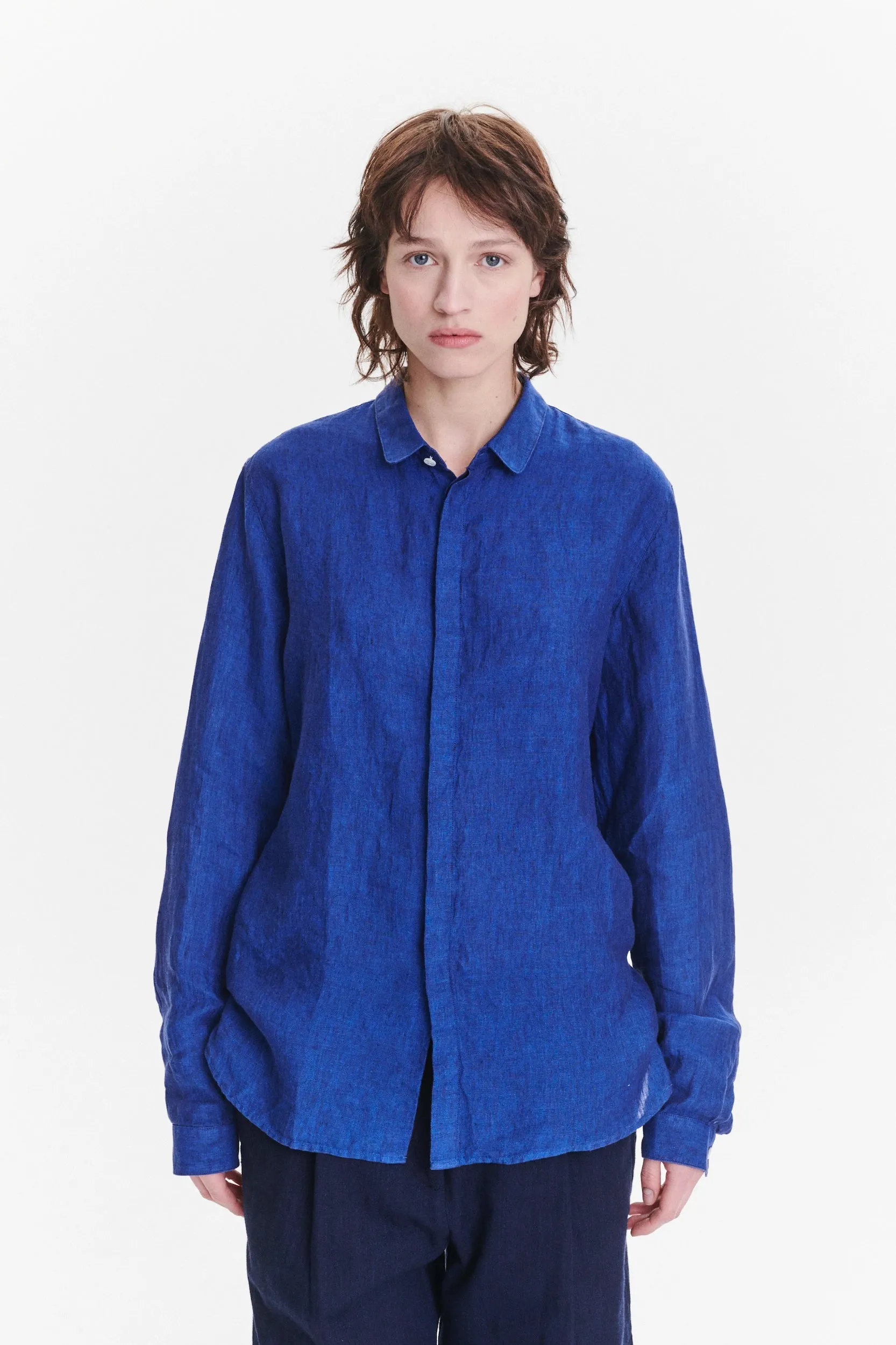 Cute Round Collar Shirt in a Soft and Airy Cobalt Blue Bohemian Linen sold by Delikatessen product image thumbnail 2