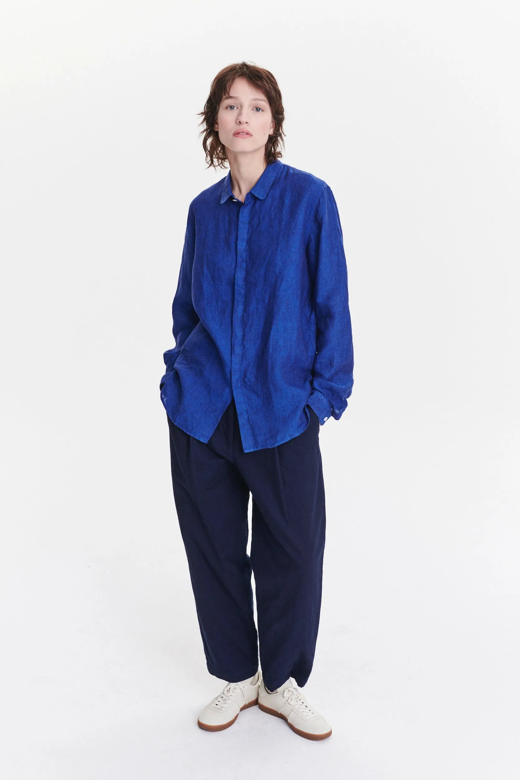 Cute Round Collar Shirt in a Soft and Airy Cobalt Blue Bohemian Linen sold by Delikatessen