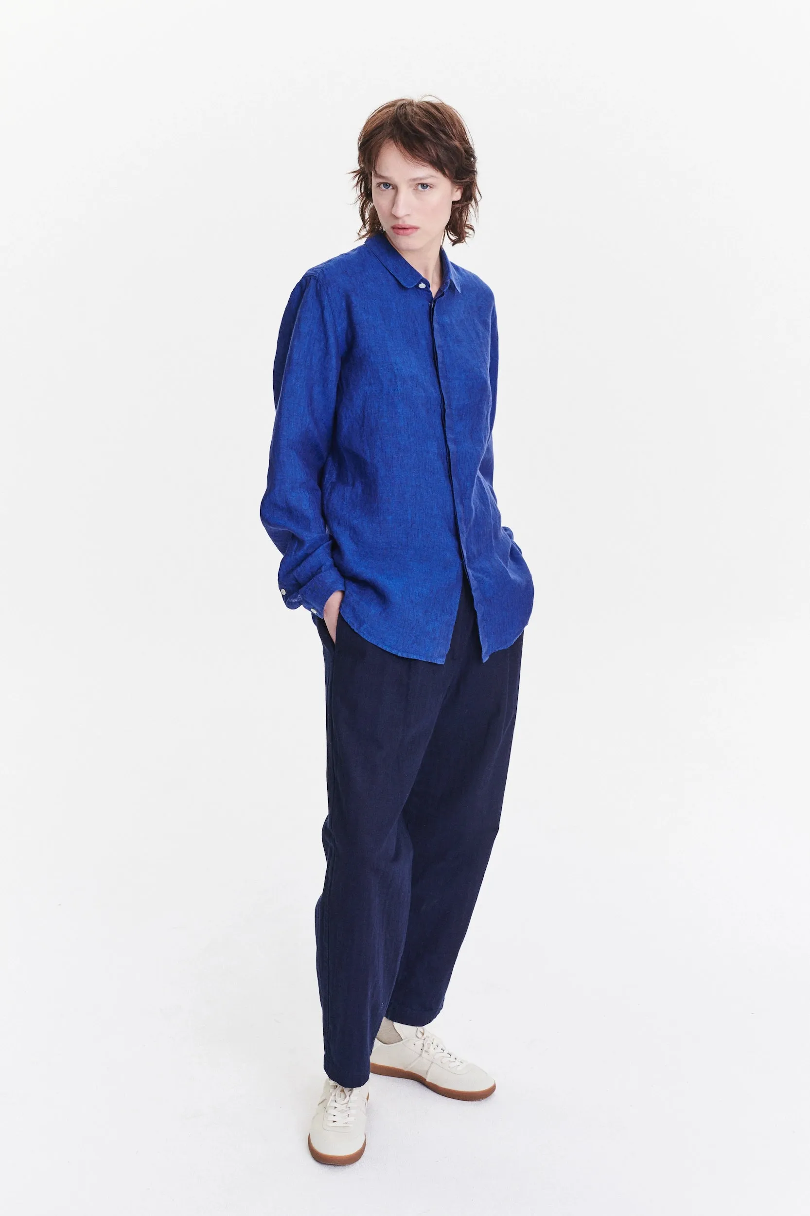Cute Round Collar Shirt in a Soft and Airy Cobalt Blue Bohemian Linen sold by Delikatessen product image thumbnail 4