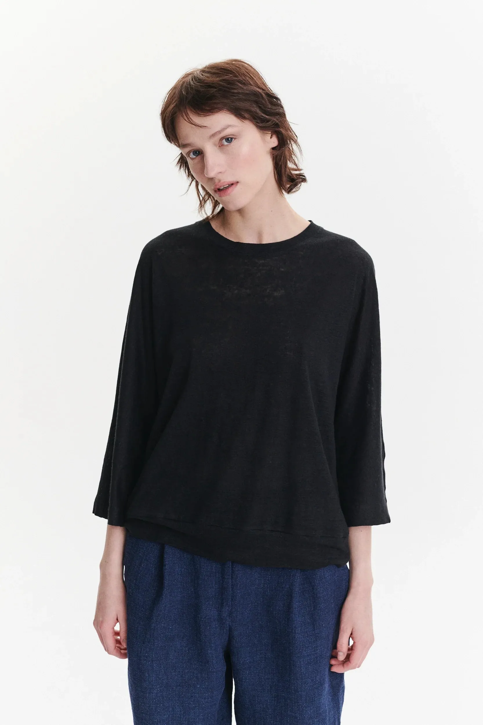 Threequarter Sleeve Top in the Finest Black Lithuanian Linen Jersey sold by Delikatessen product image thumbnail 2