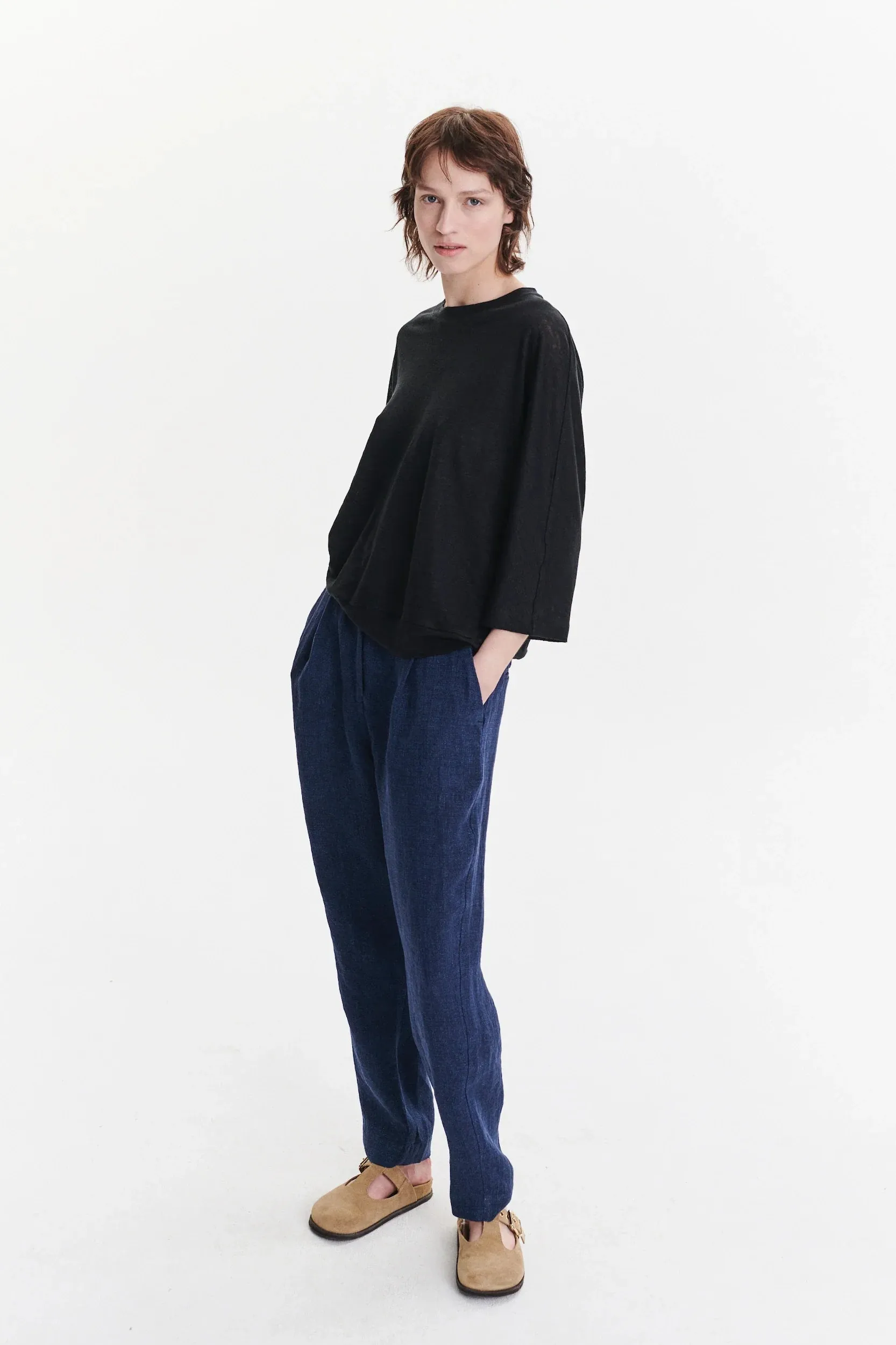 Threequarter Sleeve Top in the Finest Black Lithuanian Linen Jersey sold by Delikatessen