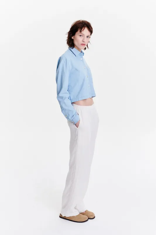 Relaxed Cropped Shirt in a Pale Sky Blue Bleached Italian Cotton Denim sold by Delikatessen