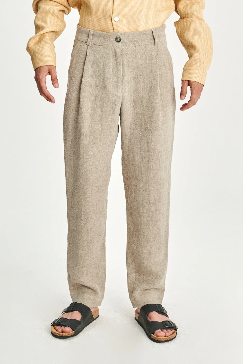 Genuine Trousers in a Beige Fluid Italian Linen Crepe sold by Delikatessen