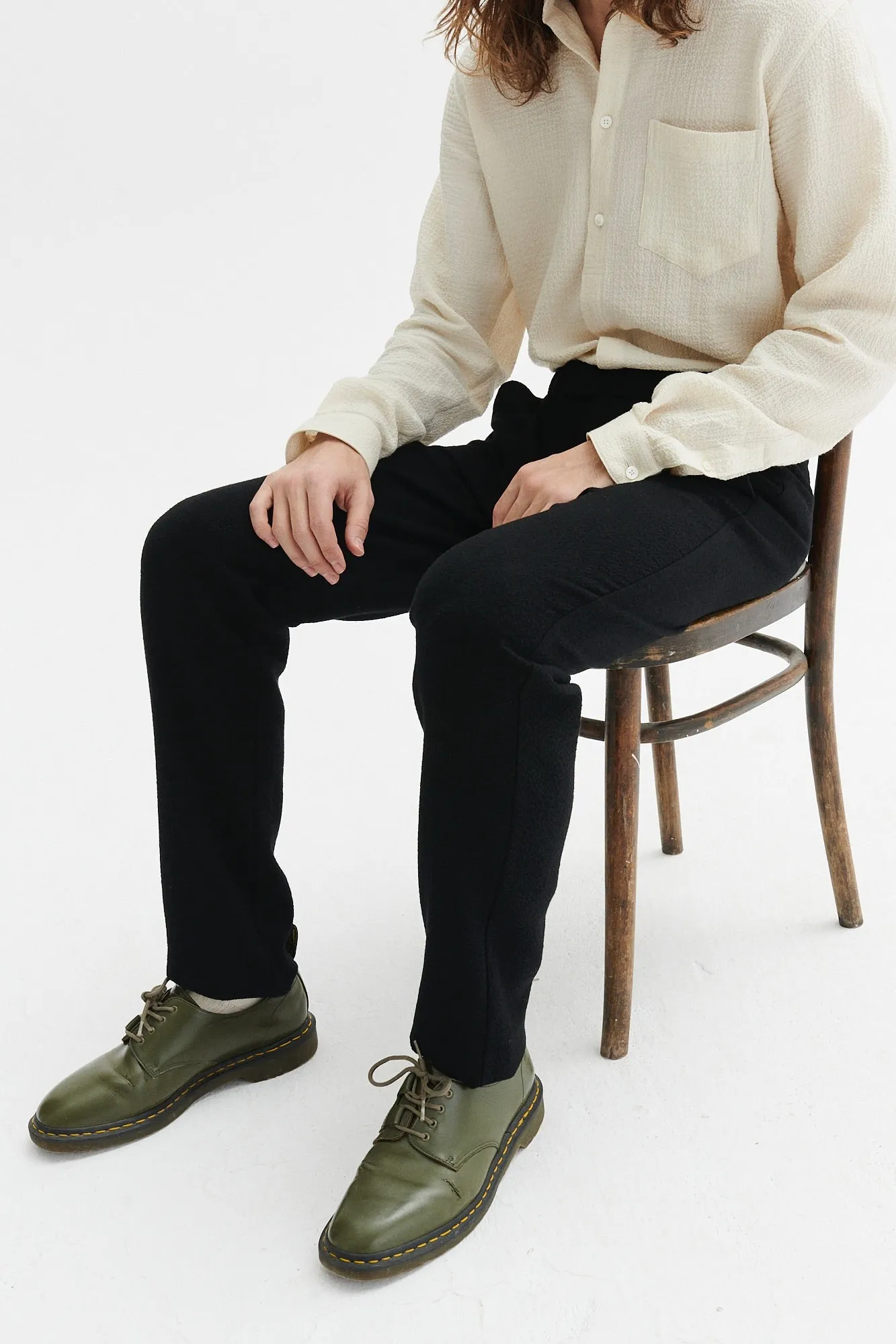 Bohemian Trousers in a Black Italian Virgin Wool and Cotton Seersucker sold by Delikatessen product image thumbnail 3