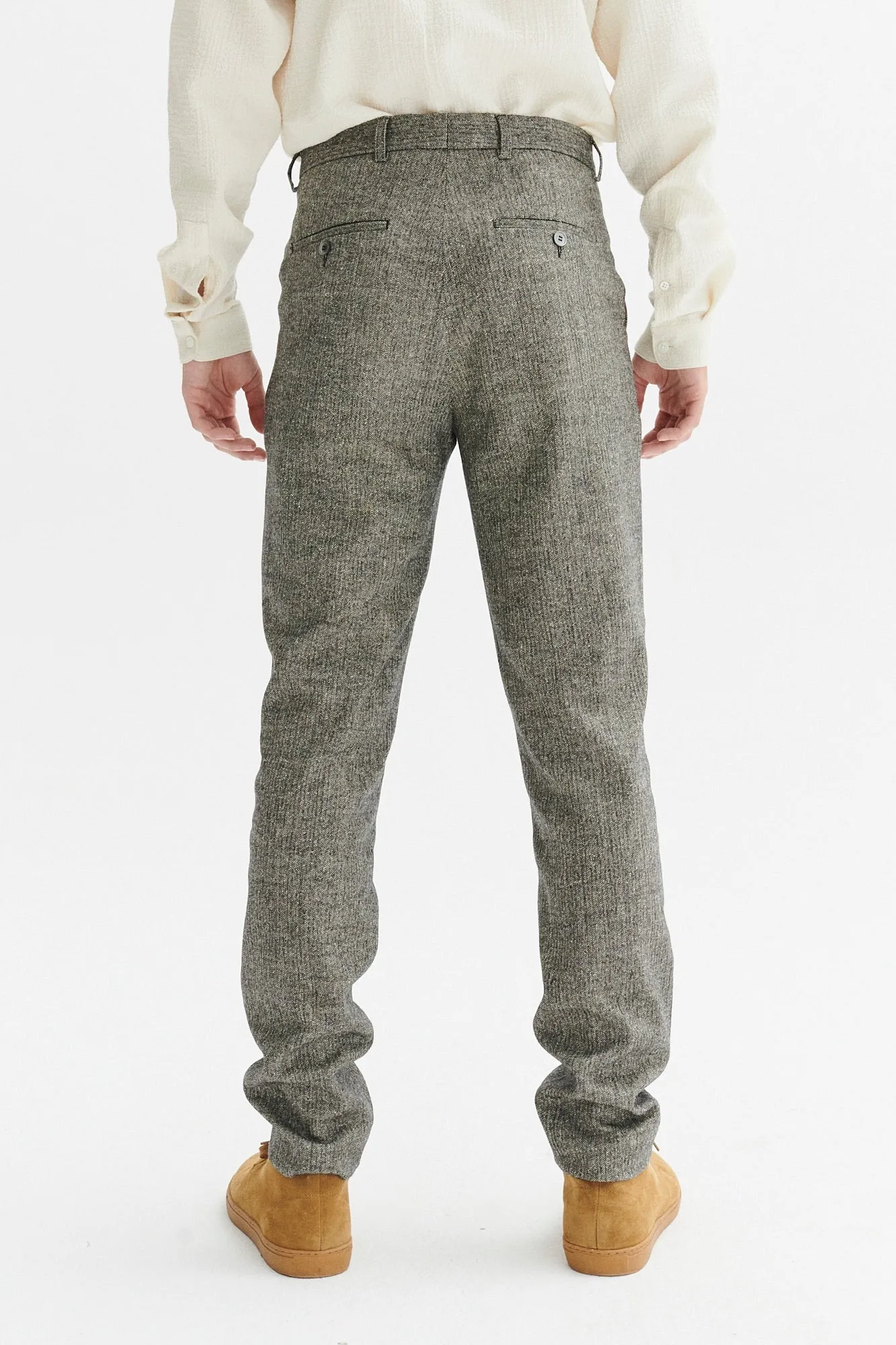 Bohemian Trousers in a Grey Herringbone Italian Wool and Silk sold by Delikatessen product image thumbnail 4