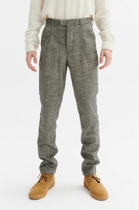 Bohemian Trousers in a Grey Herringbone Italian Wool and Silk sold by Delikatessen