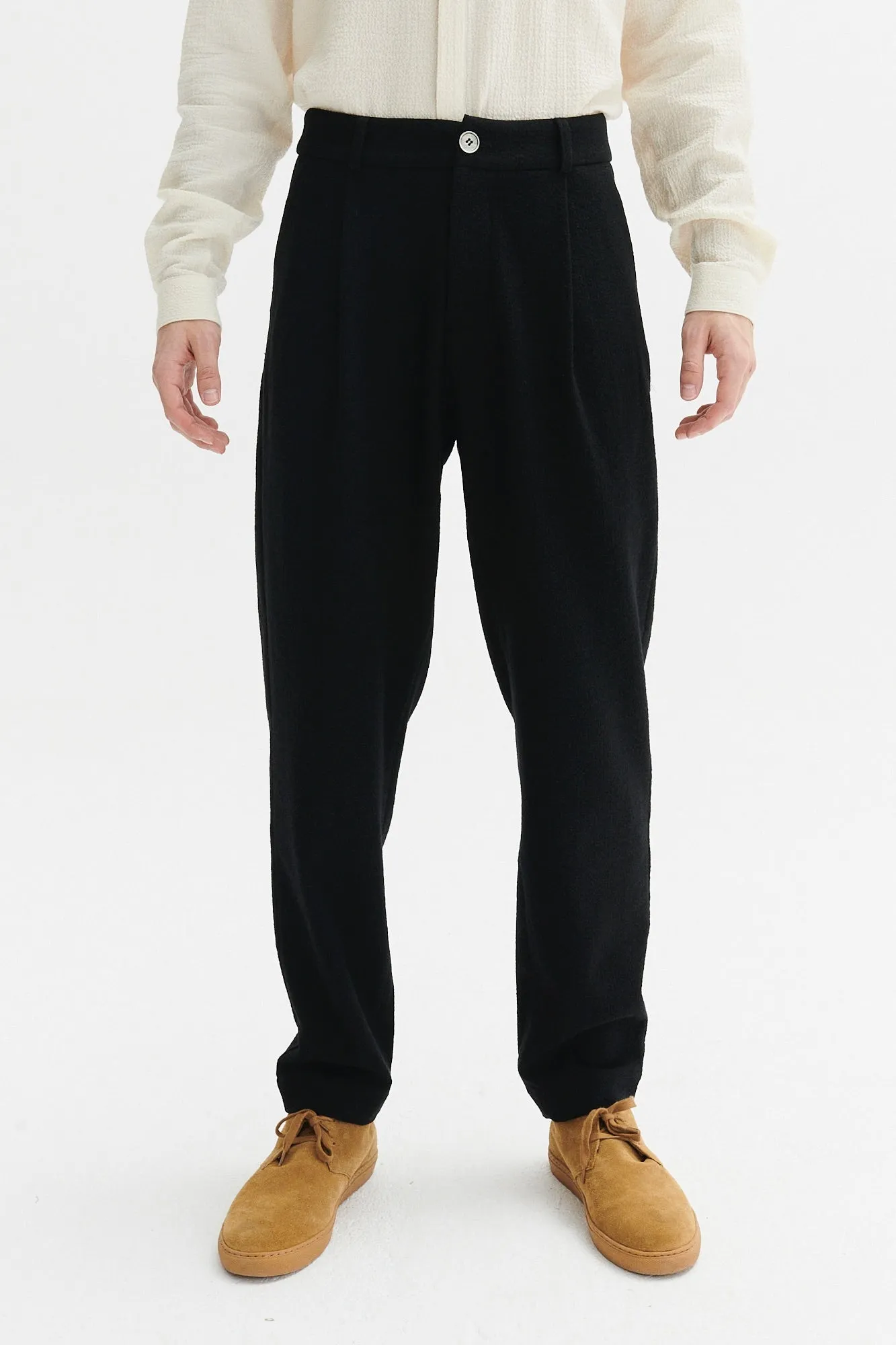Genuine Trousers in a Black Italian Virgin Wool and Cotton Seersucker sold by Delikatessen