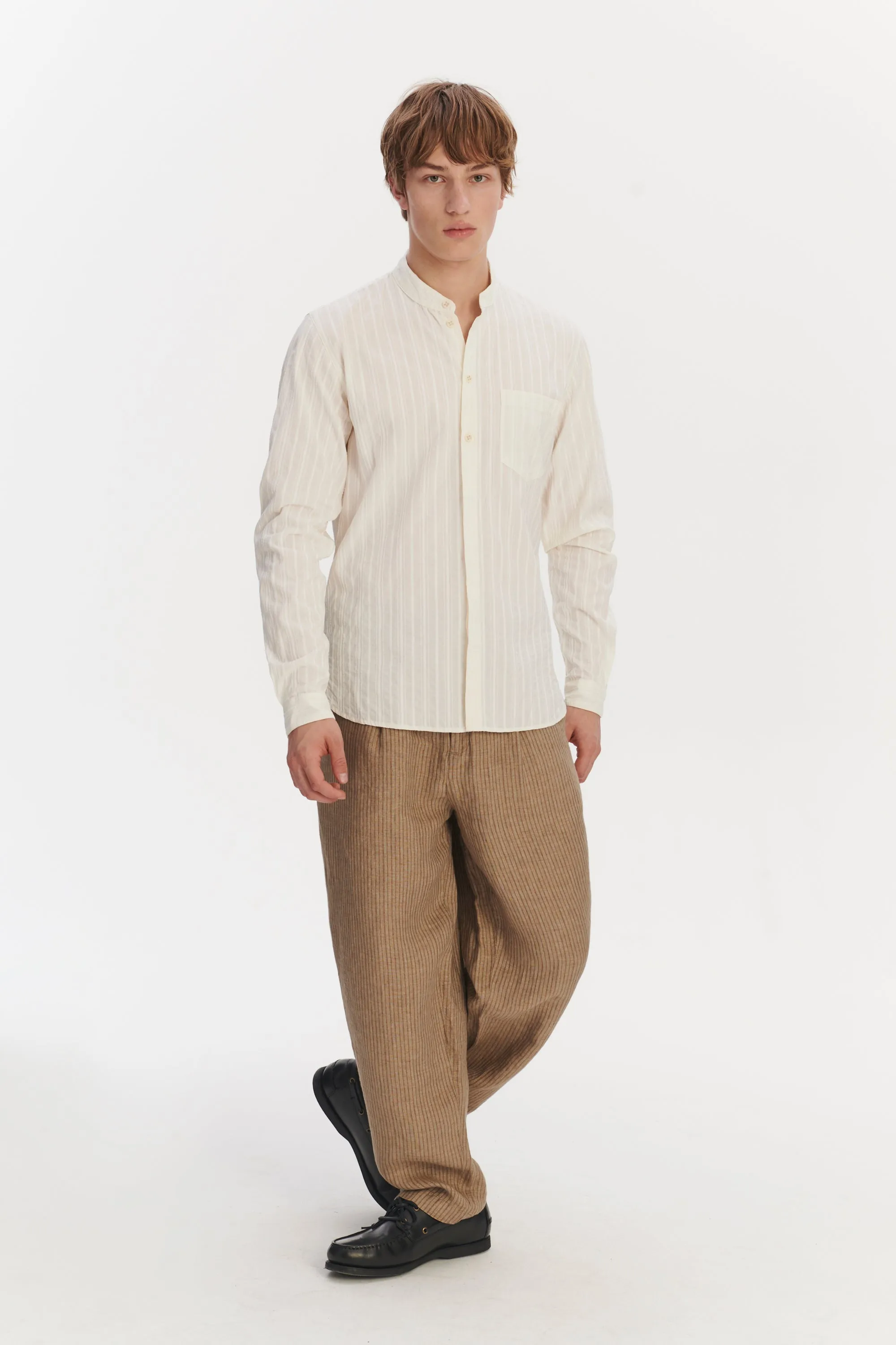 Zen Shirt in an Off-White Structural Tonal Striped Italian Cotton sold by Delikatessen product image thumbnail 3