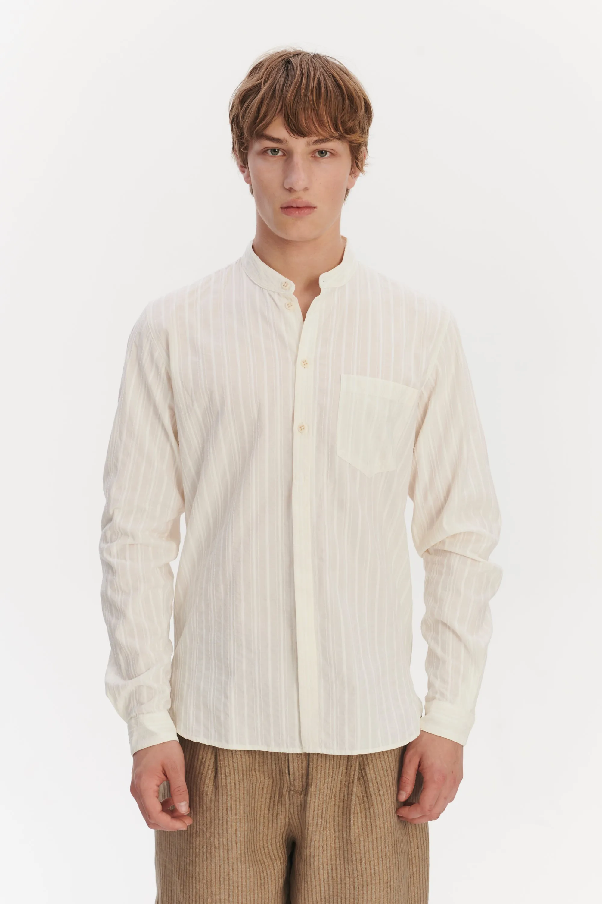 Zen Shirt in an Off-White Structural Tonal Striped Italian Cotton sold by Delikatessen product image thumbnail 4