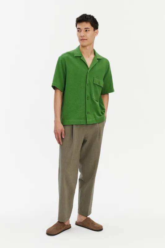 Short Sleeve Camp Collar Shirt  In a Fresh Grass Green Structural Portuguese Cotton sold by Delikatessen