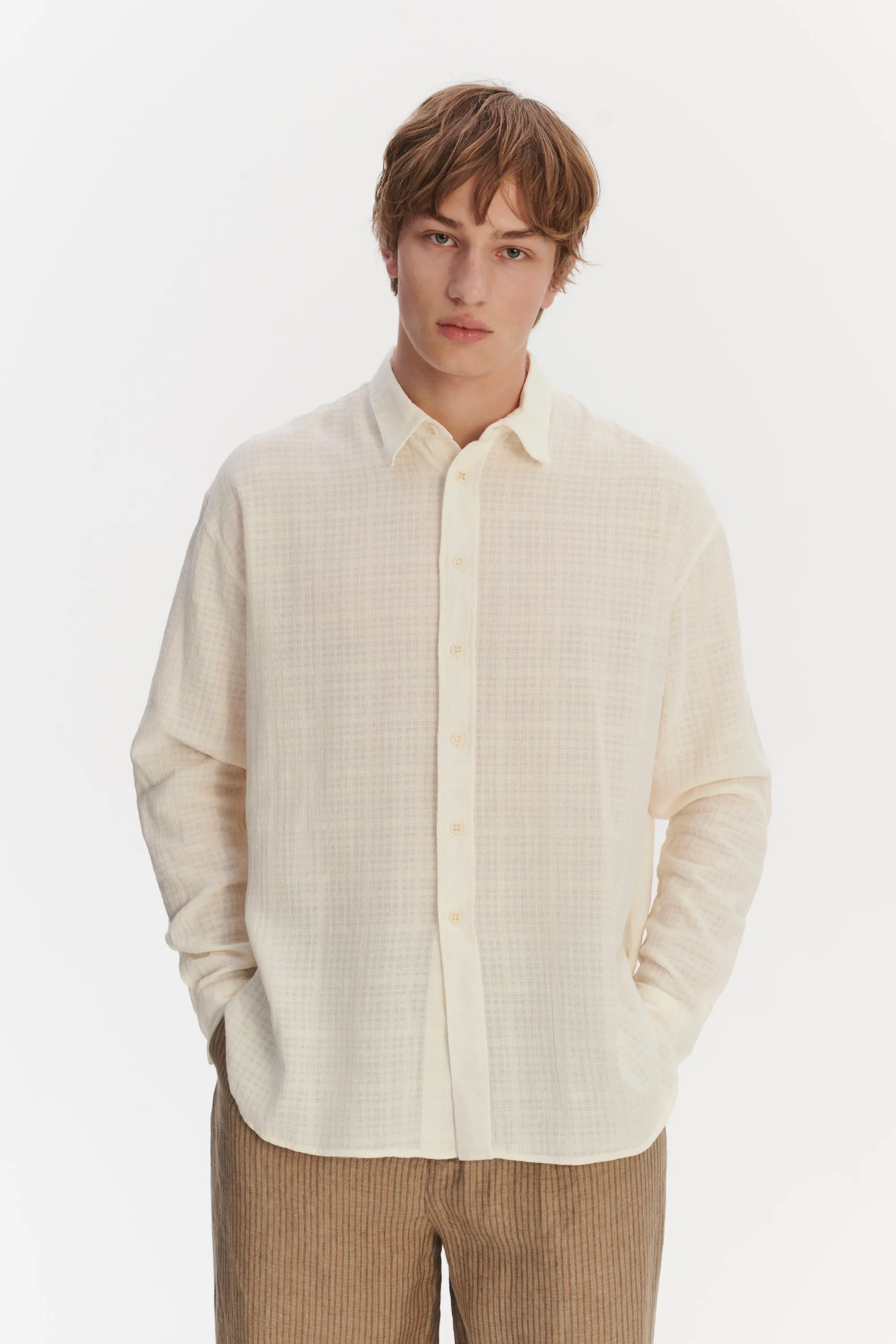 Oversized Rider Shirt in a Cream White Airy Structural Portuguese Cotton sold by Delikatessen product image thumbnail 2