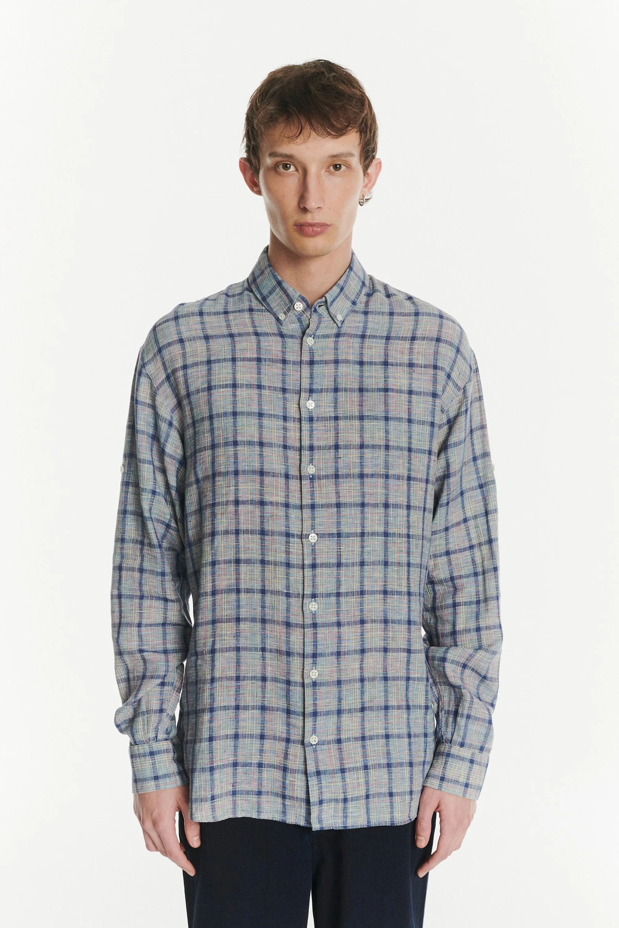 Rare Archive Find - Rolled Sleeves Shirt in the Finest Blue, White, Yellow, Green and Red Chequered Italian LInen sold by Delikatessen product image thumbnail 3