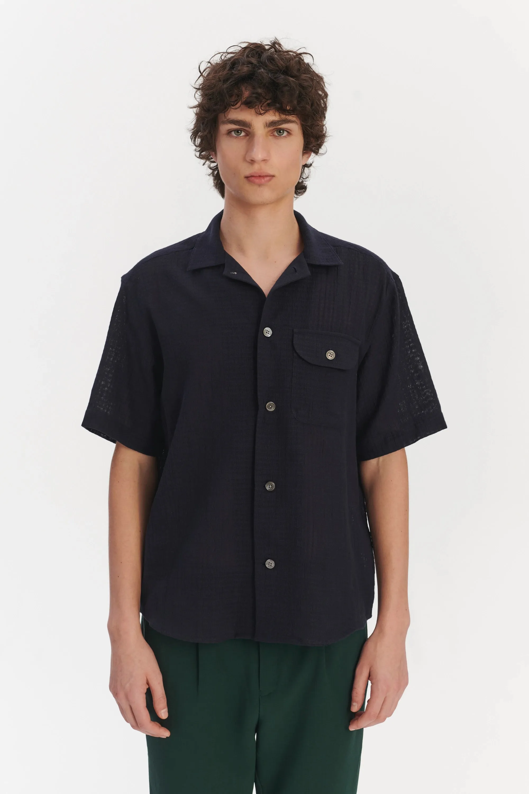 Short Sleeve Camp Collar Shirt in a Dark Navy Airy Structural Portuguese Cotton sold by Delikatessen product image thumbnail 4