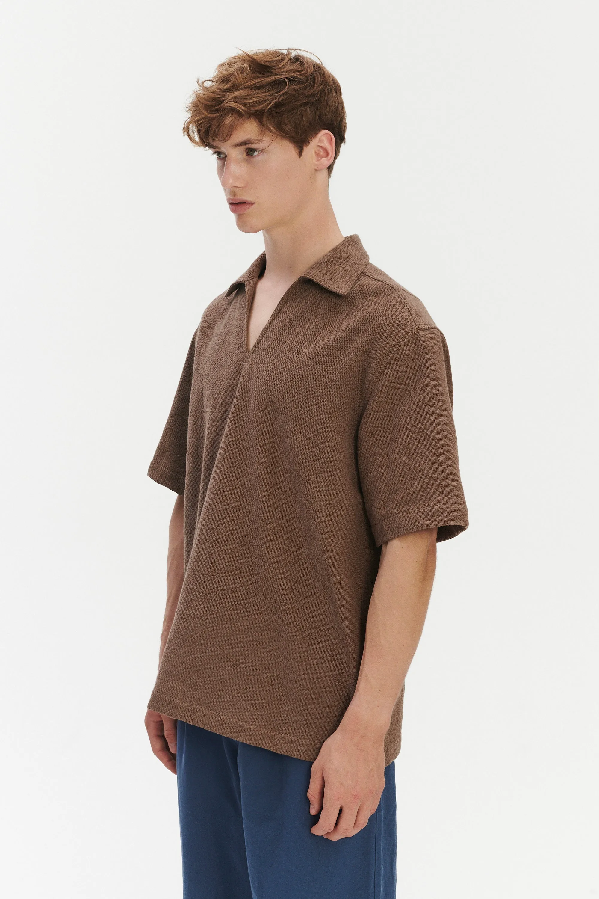 Short Sleeve Pop Over Shirt in a Brown Grainy Cotton sold by Delikatessen product image thumbnail 5