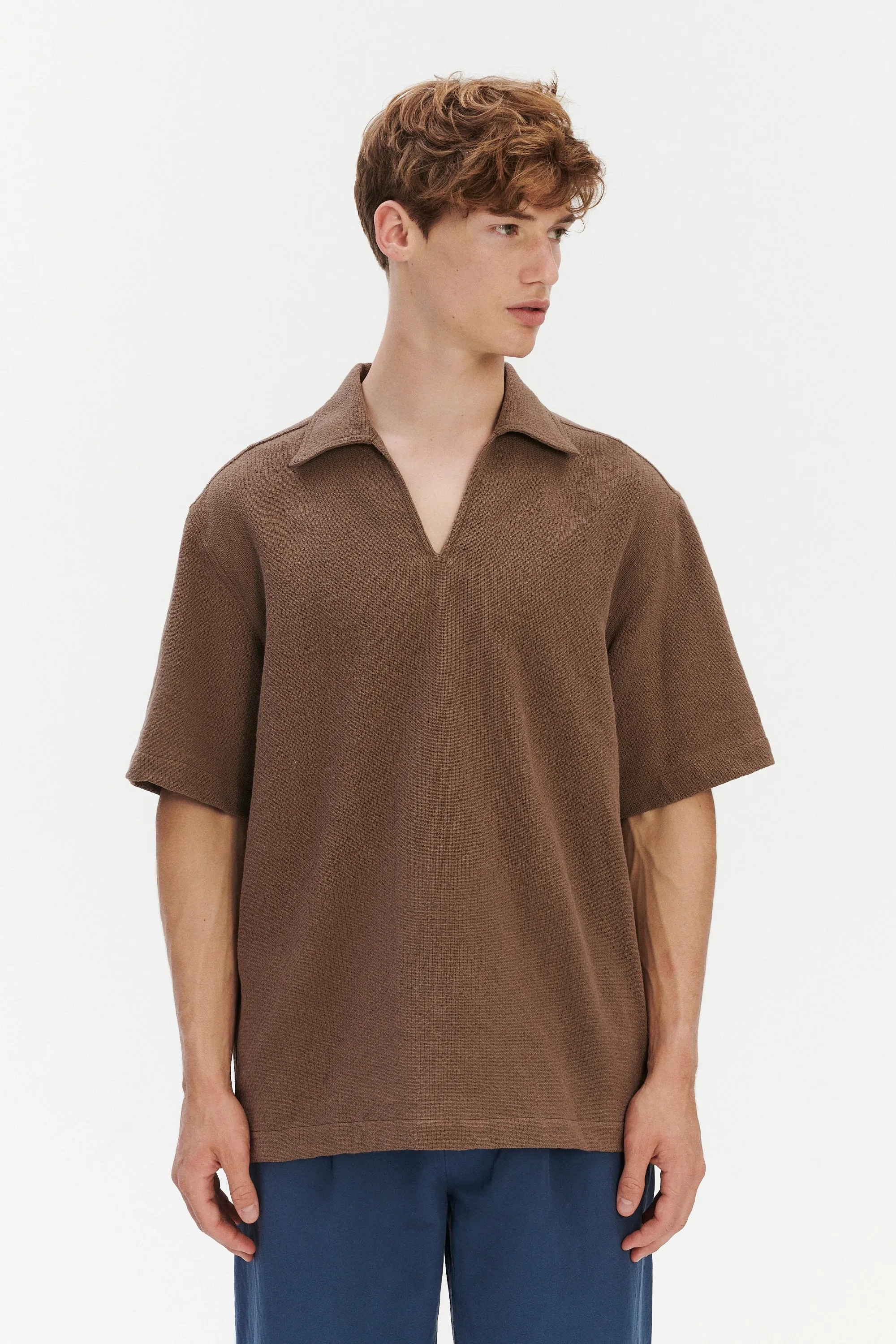 Short Sleeve Pop Over Shirt in a Brown Grainy Cotton sold by Delikatessen product image thumbnail 2
