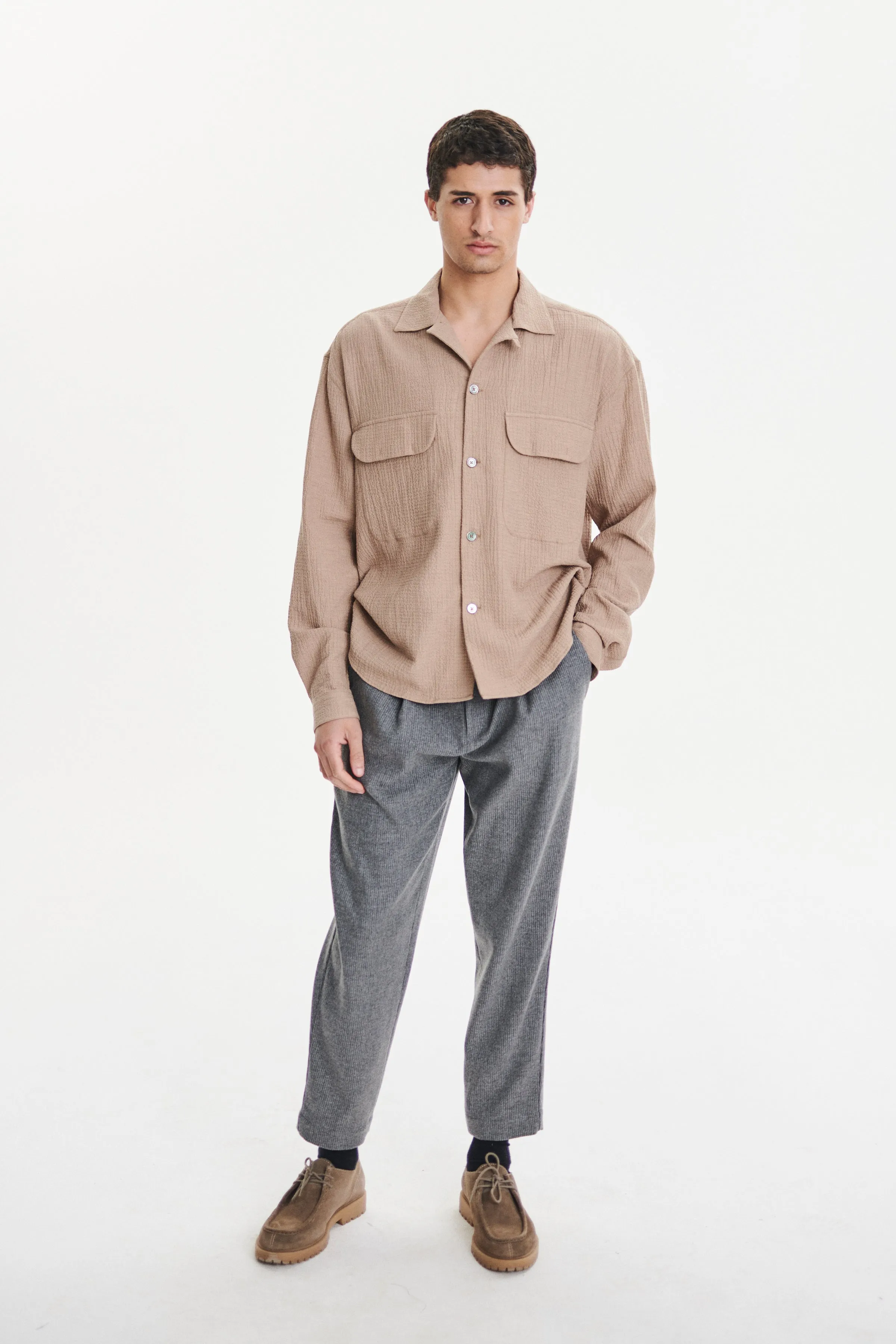 Relaxed Oversized Leisure Shirt in a Soft Cashmere and Cotton Seersucker sold by Delikatessen