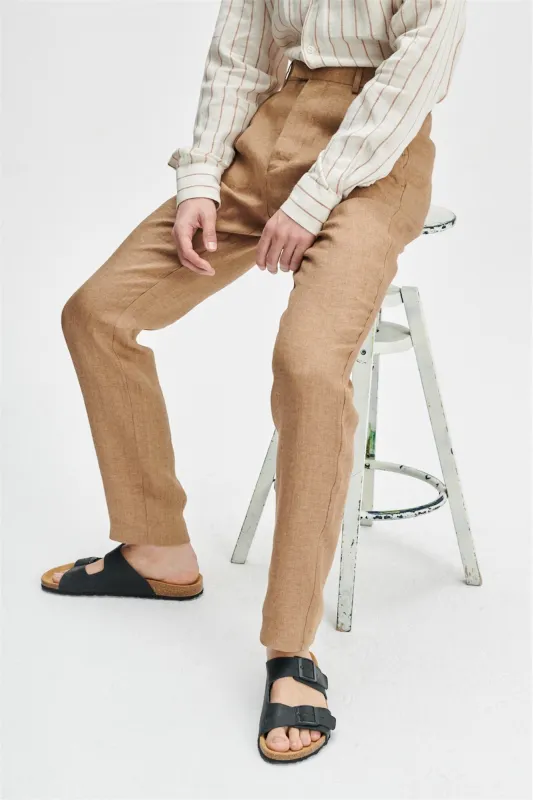 Bohemian Trousers in a Light Brown 100% Traceable Italian Linen by Albini sold by Delikatessen