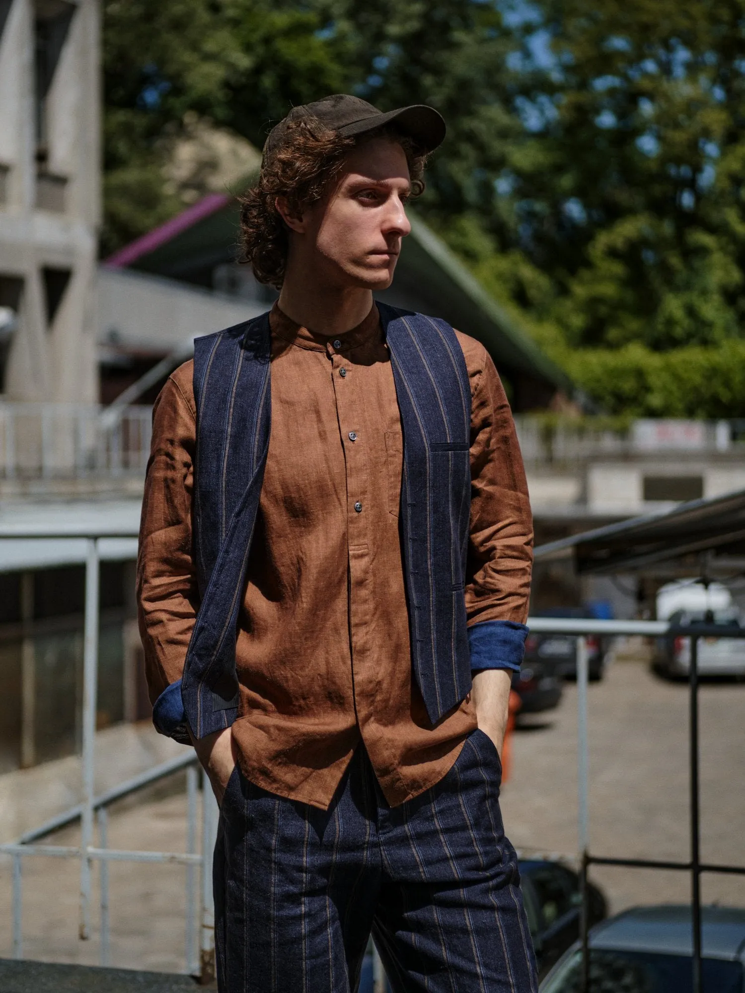 Vest in a Navy with Tonal Brown Blue Stripe Italian Linen sold by Delikatessen product image thumbnail 3