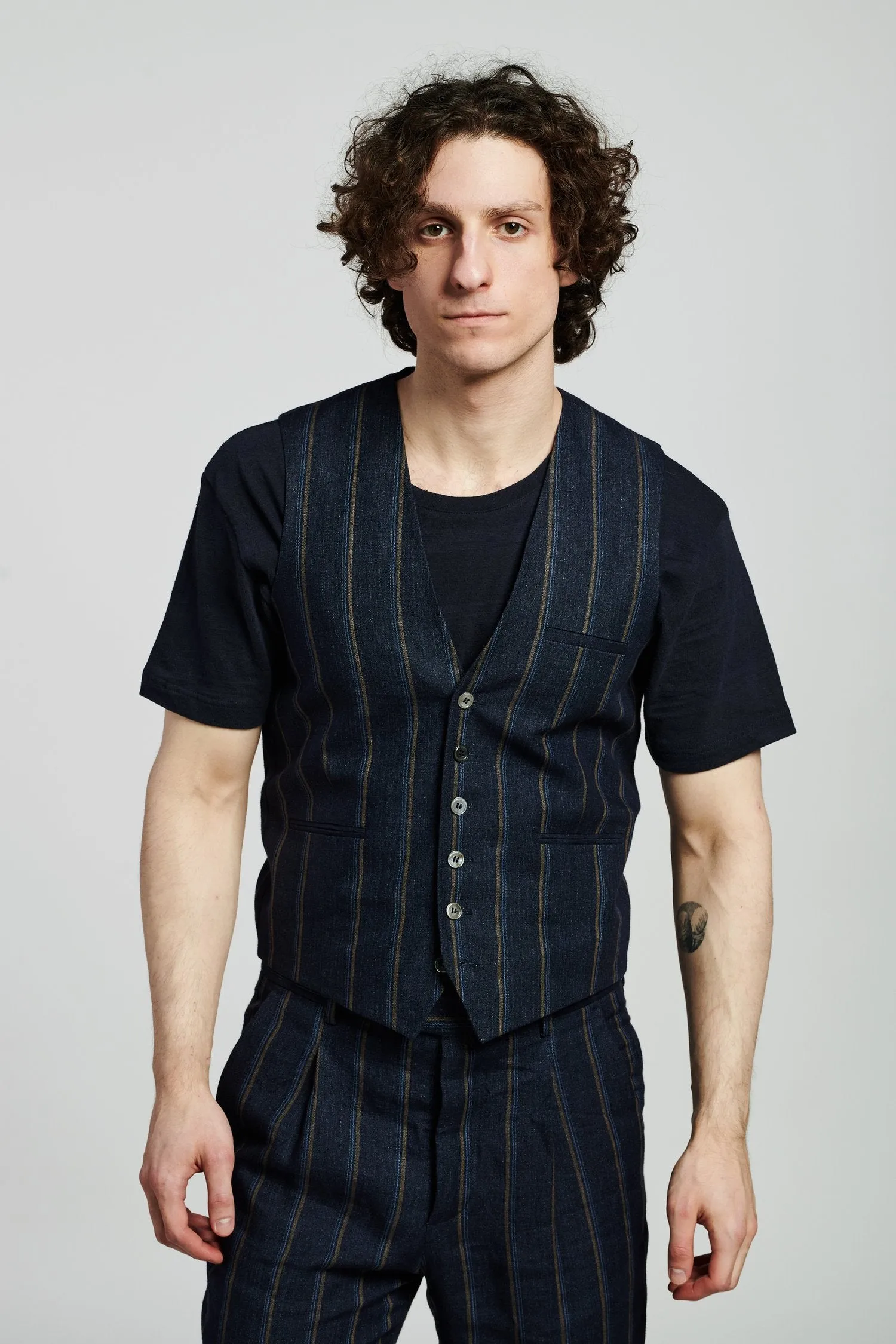 Vest in a Navy with Tonal Brown Blue Stripe Italian Linen sold by Delikatessen product image thumbnail 5