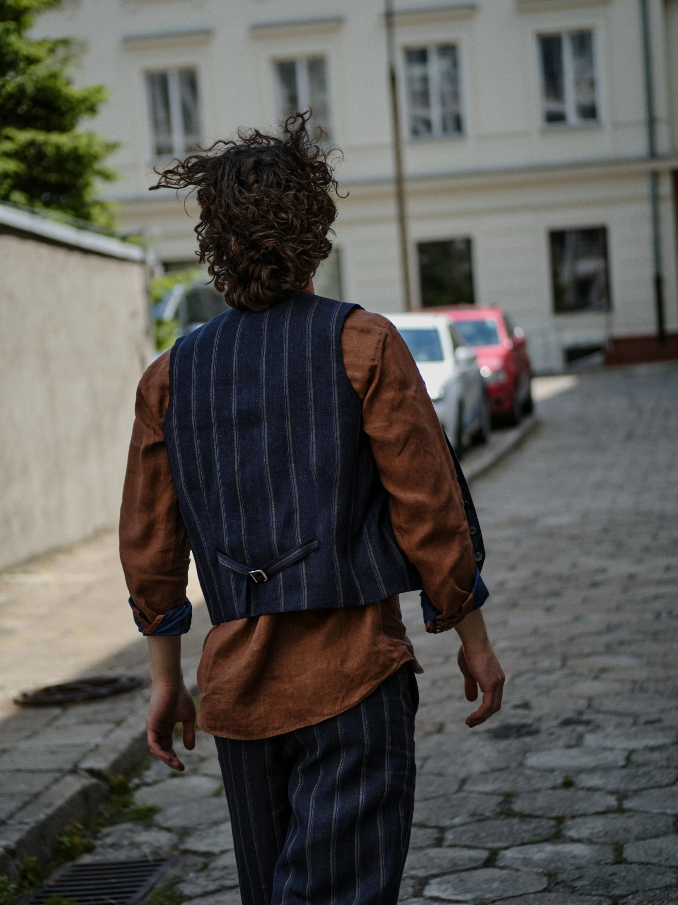 Vest in a Navy with Tonal Brown Blue Stripe Italian Linen sold by Delikatessen product image thumbnail 4
