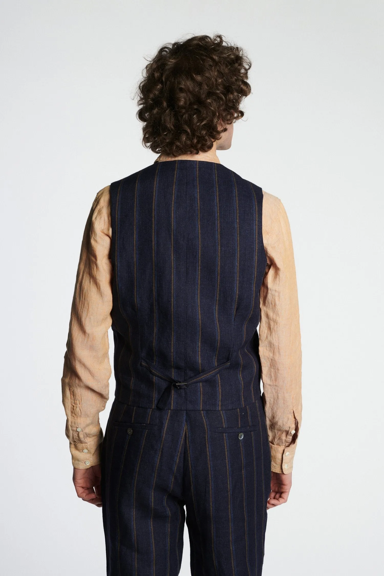 Vest in a Navy with Tonal Brown Blue Stripe Italian Linen sold by Delikatessen product image thumbnail 2