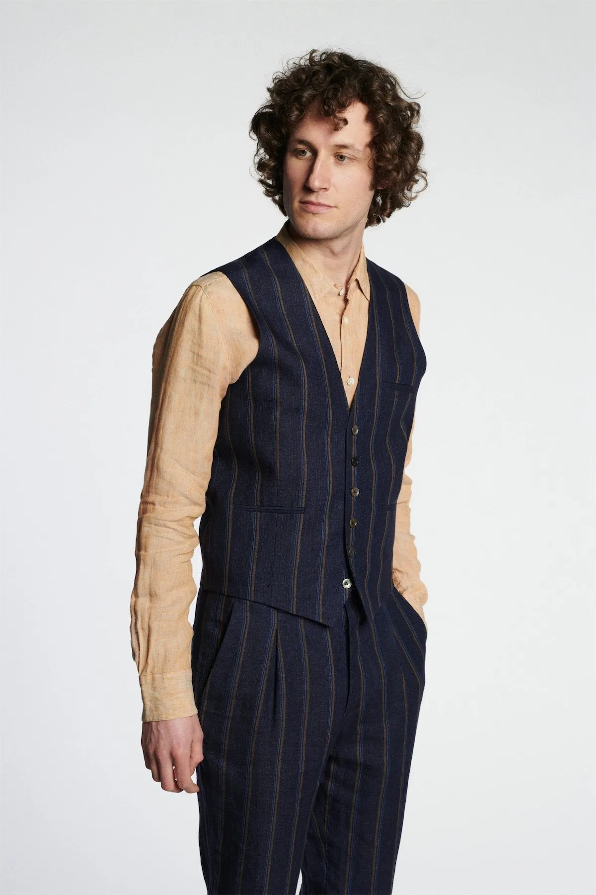 Vest in a Navy with Tonal Brown Blue Stripe Italian Linen sold by Delikatessen