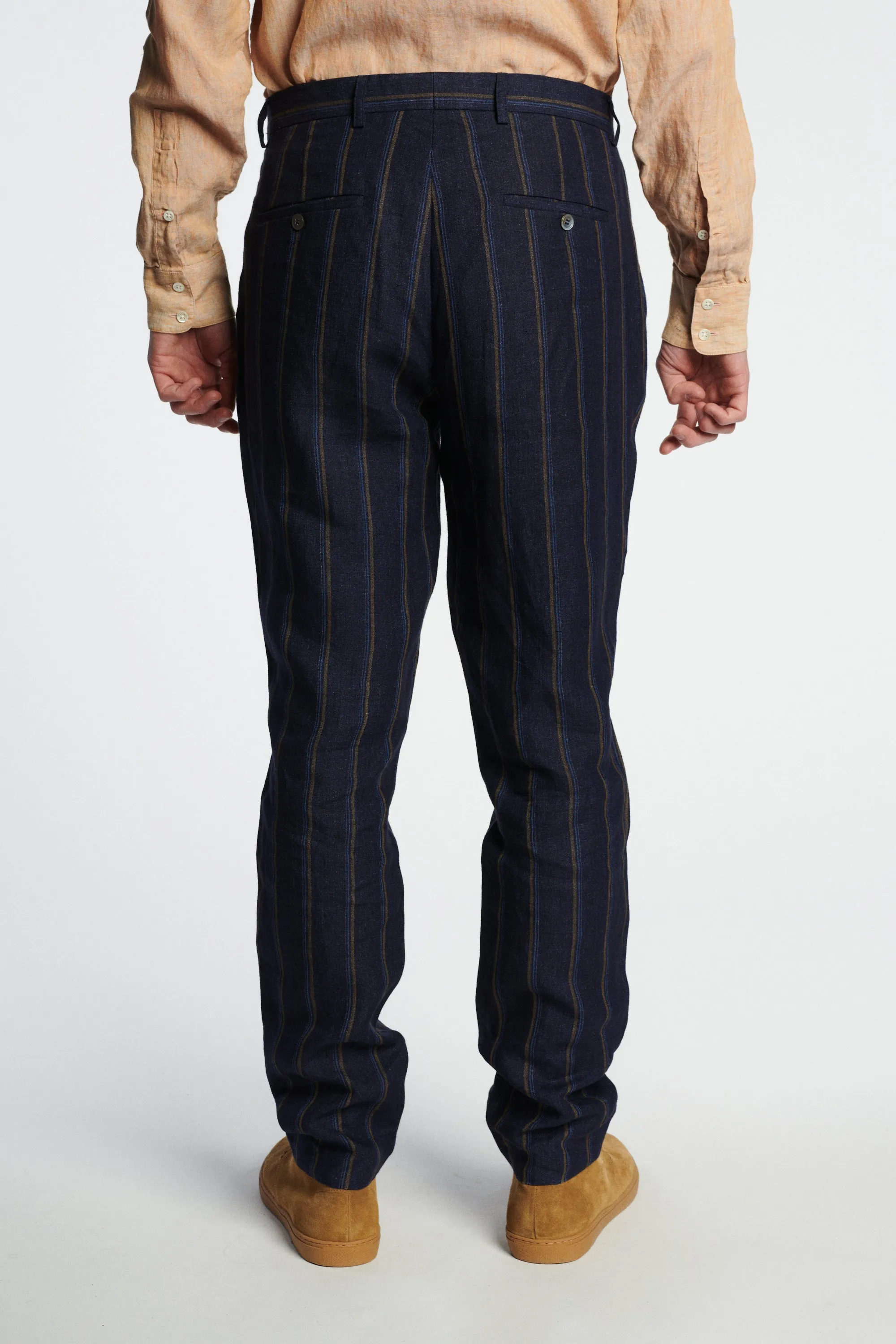Bohemian Trousers in a Navy and Tonal Brown Blue Stripe Italian Linen sold by Delikatessen product image thumbnail 2