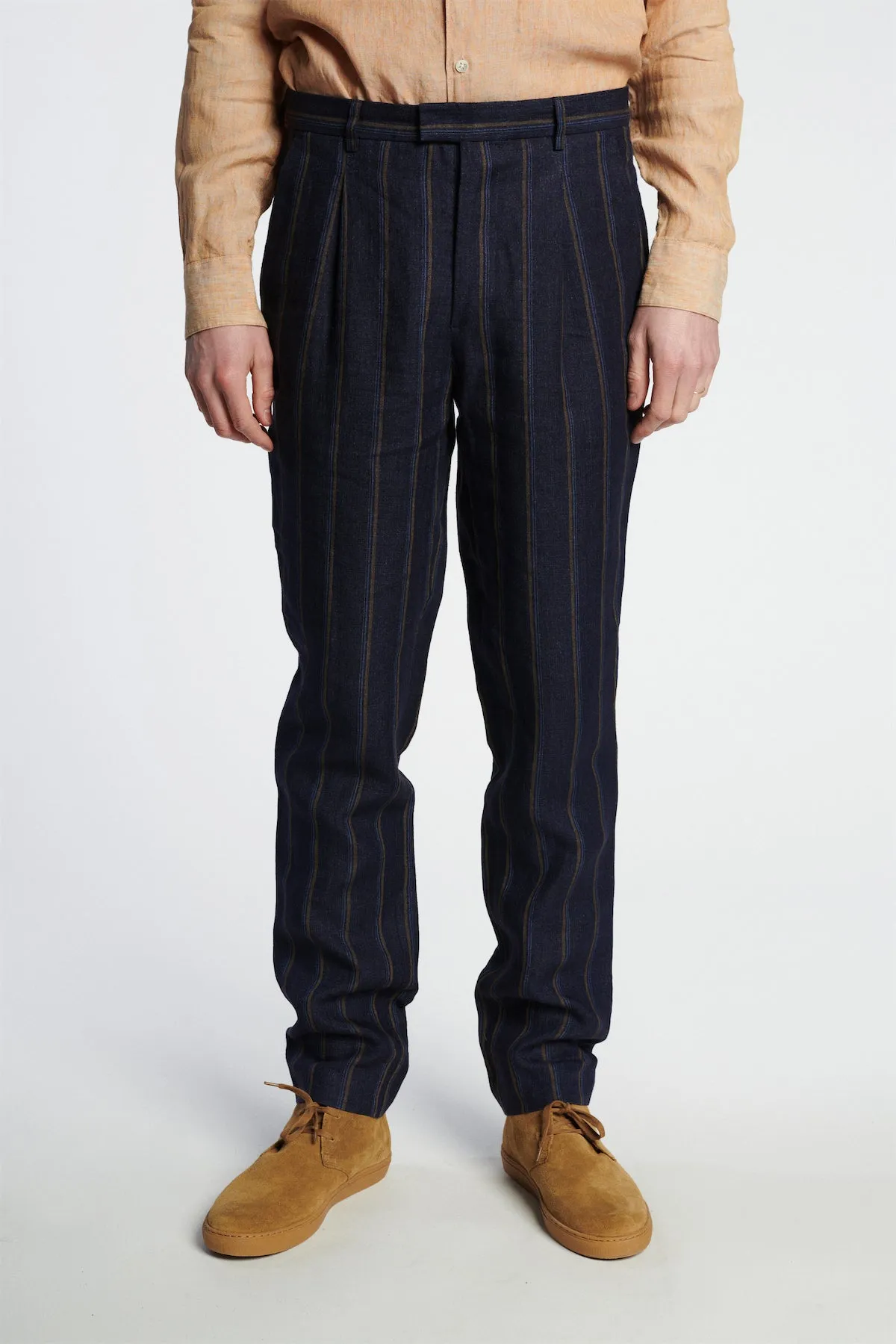 Bohemian Trousers in a Navy and Tonal Brown Blue Stripe Italian Linen sold by Delikatessen