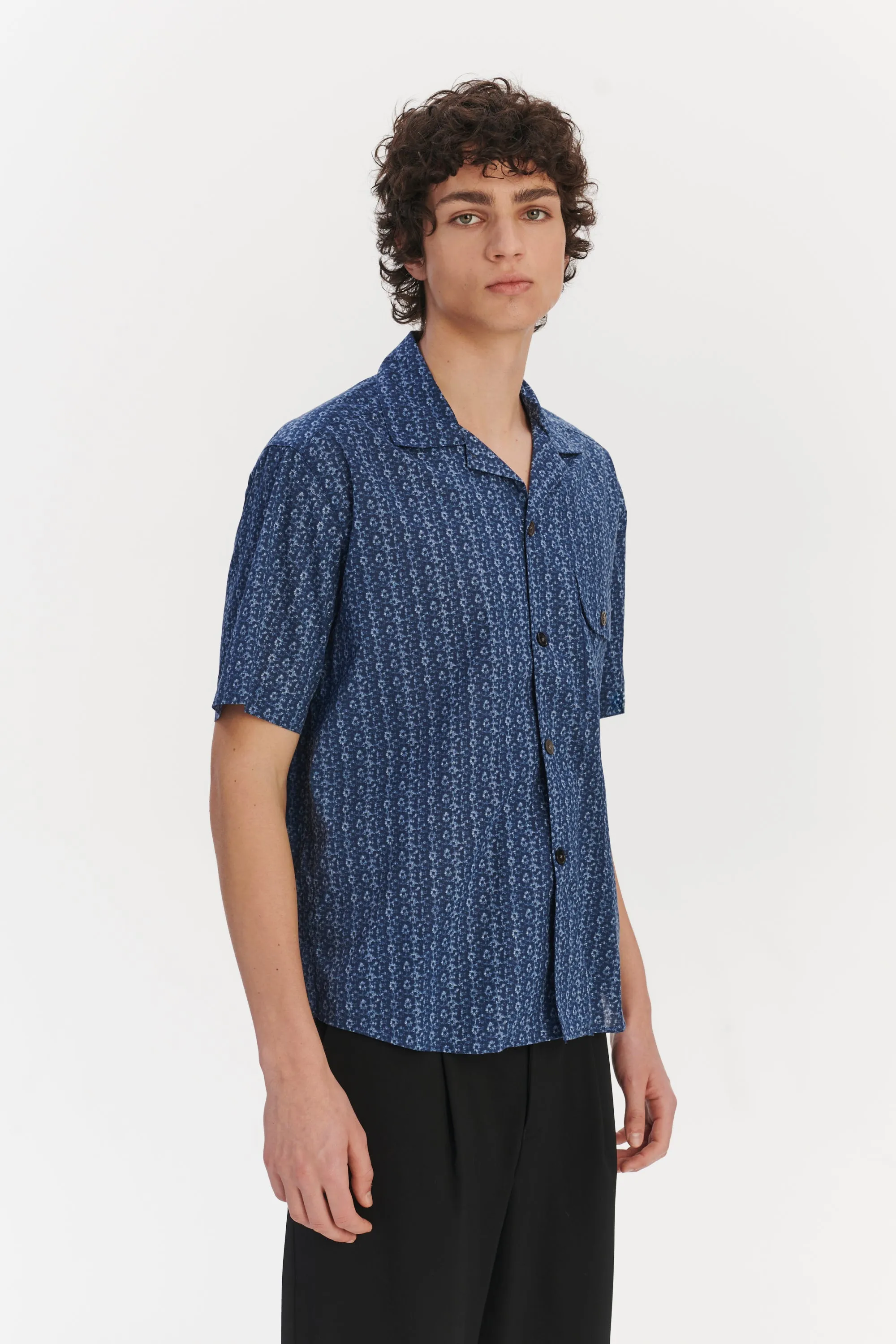 Short Sleeve Camp Collar Shirt in a Blue Abstract Print Italian Cotton sold by Delikatessen product image thumbnail 4