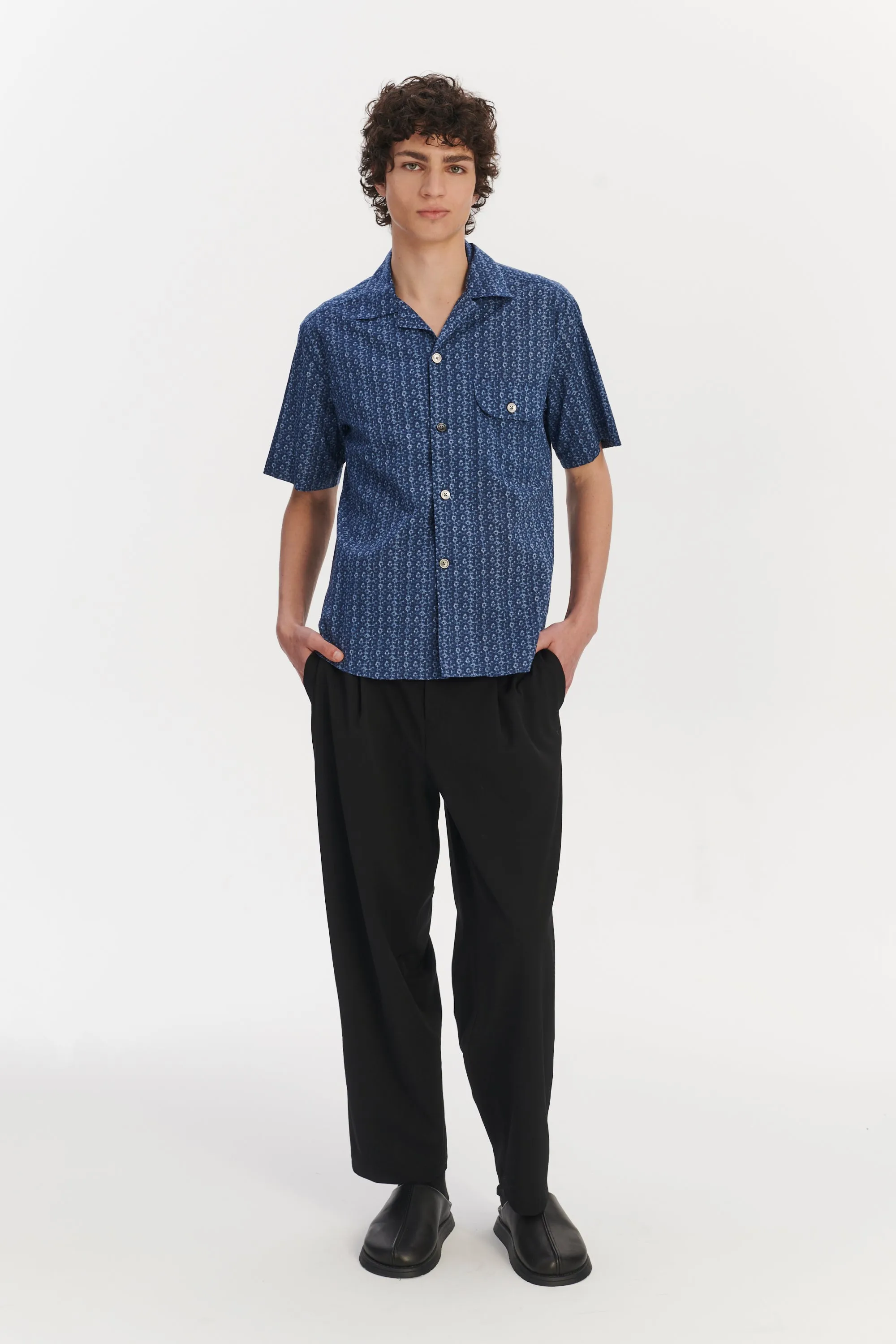 Short Sleeve Camp Collar Shirt in a Blue Abstract Print Italian Cotton sold by Delikatessen product image thumbnail 2