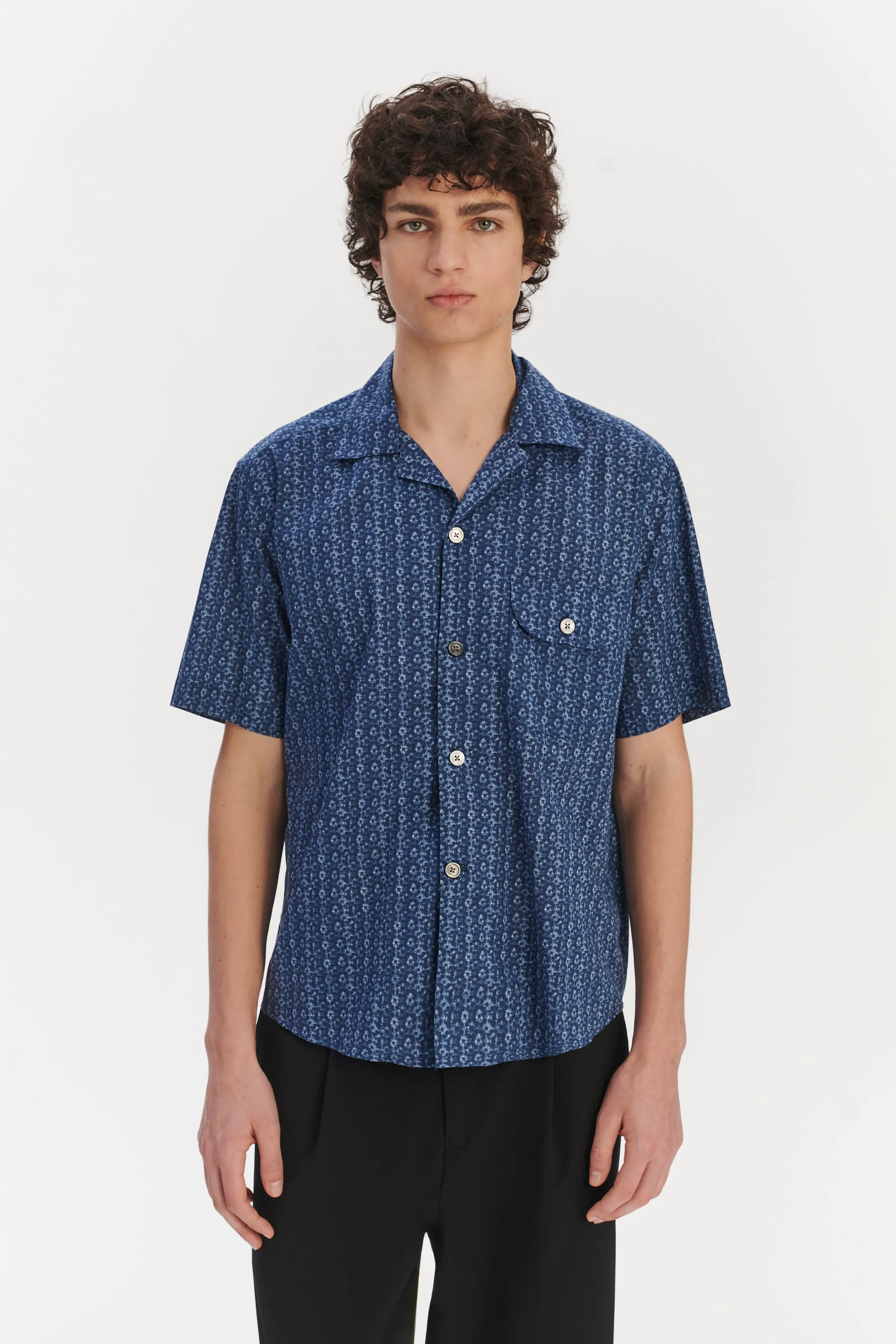 Short Sleeve Camp Collar Shirt in a Blue Abstract Print Italian Cotton sold by Delikatessen product image thumbnail 3