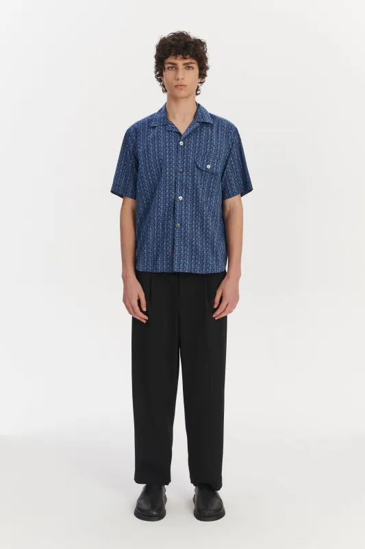 Short Sleeve Camp Collar Shirt in a Blue Abstract Print Italian Cotton sold by Delikatessen