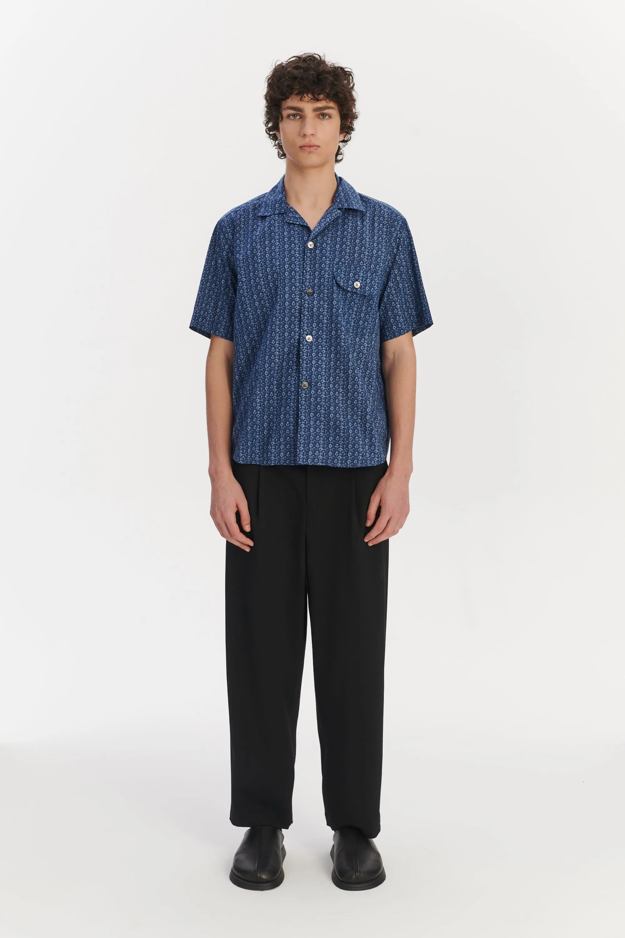 Short Sleeve Camp Collar Shirt in a Blue Abstract Print Italian Cotton sold by Delikatessen